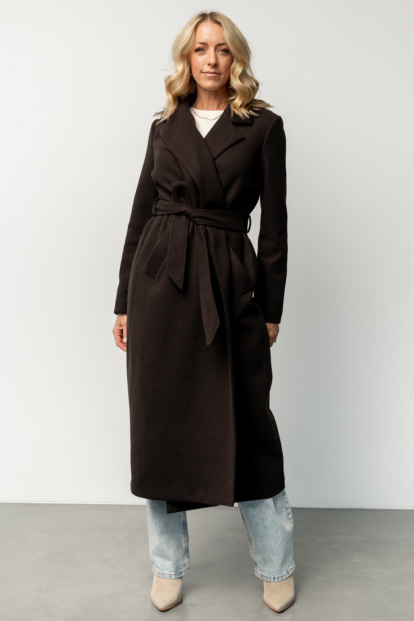 Dark Brown Long Wool Coat with Removable Sash | Glenwood