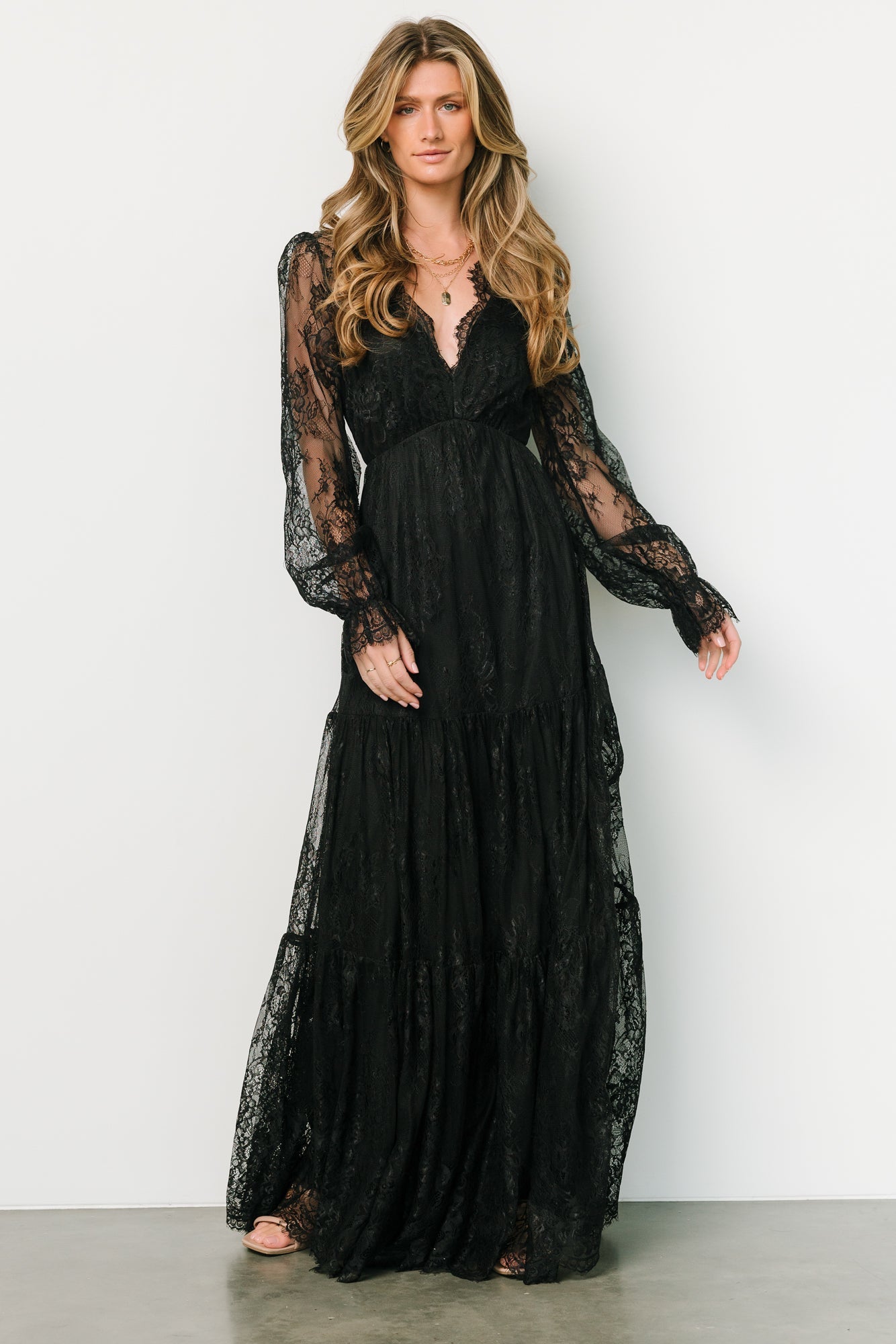 Black Lace Maxi Dress with Deep V-Neck & Long Sleeves | Baltic Born