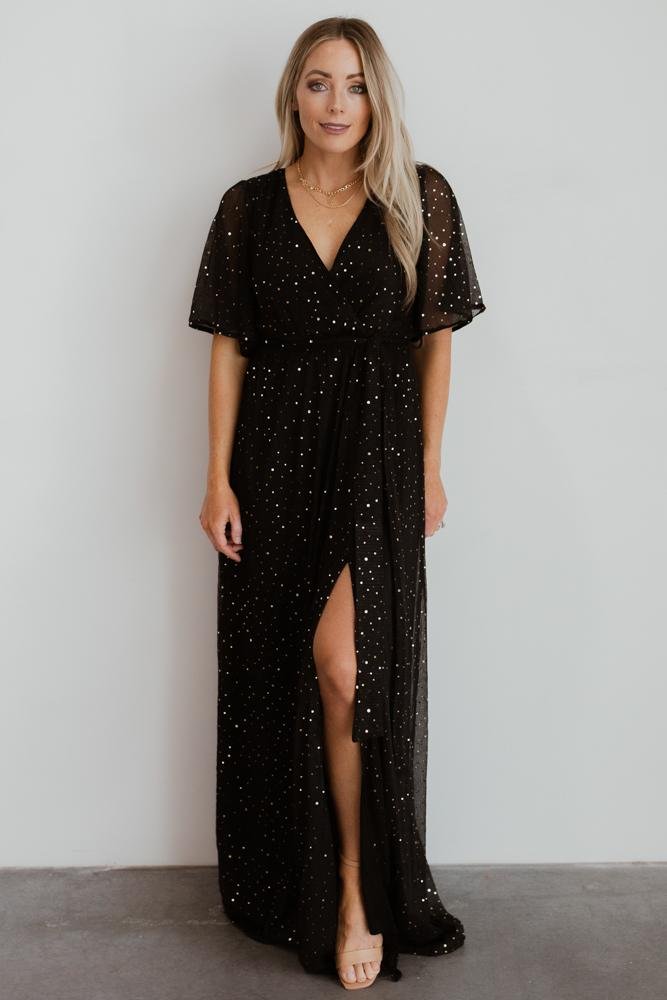 Black Sequin Wrap Gown with Leg Slit | Grace Sparkle Gown