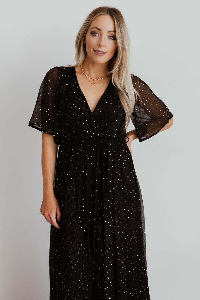 Black Sequin Wrap Gown with Leg Slit | Grace Sparkle Gown