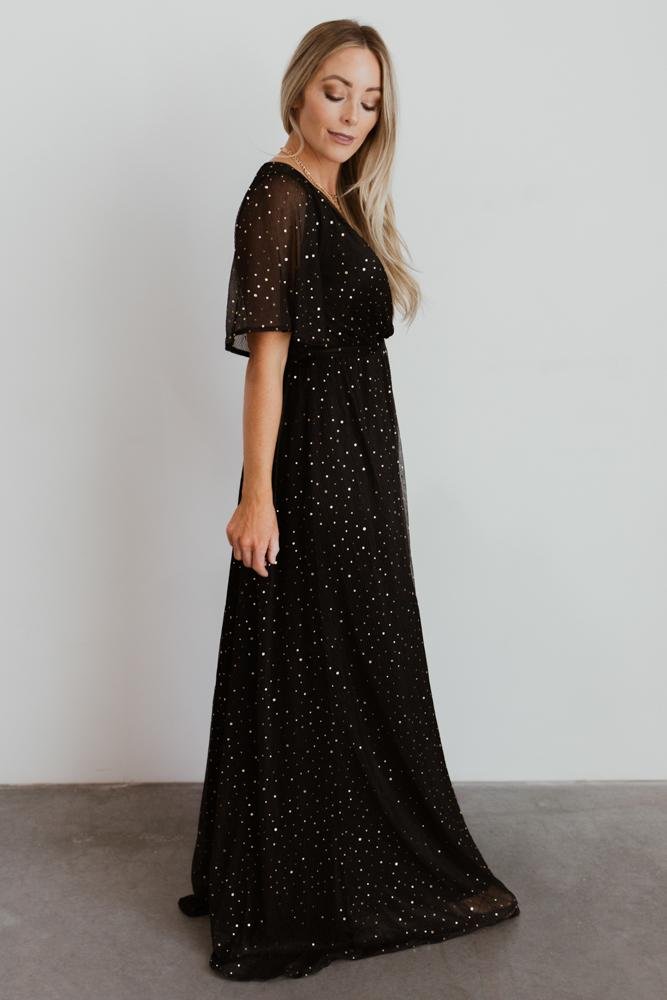 Black Sequin Wrap Gown with Leg Slit | Grace Sparkle Gown