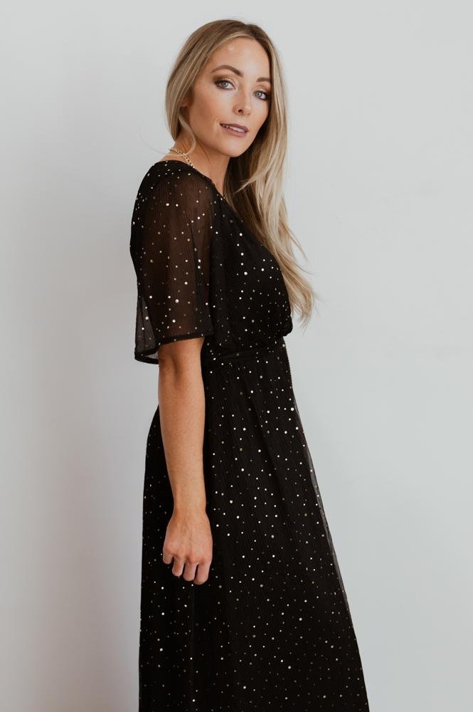 Black Sequin Wrap Gown with Leg Slit | Grace Sparkle Gown