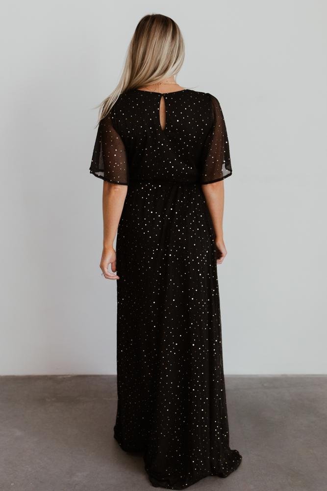 Black Sequin Wrap Gown with Leg Slit | Grace Sparkle Gown