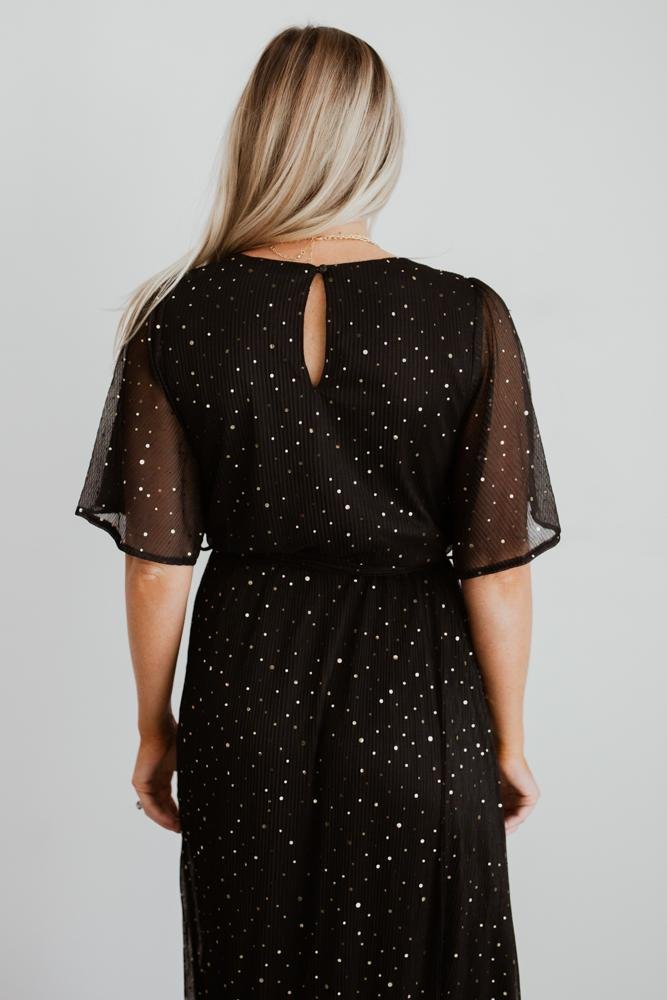 Black Sequin Wrap Gown with Leg Slit | Grace Sparkle Gown