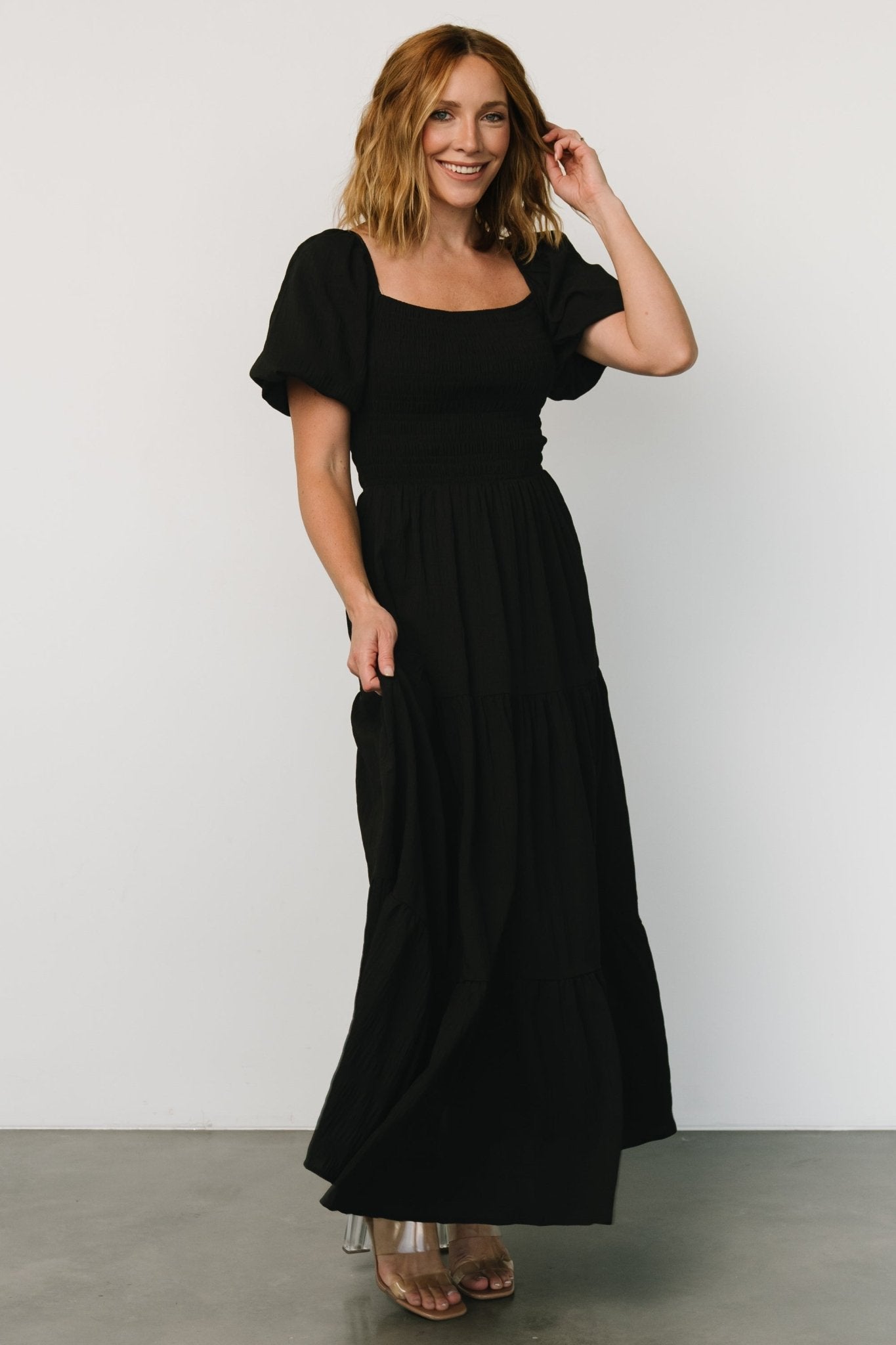 Black Smocked Maxi Dress with Square Neck & Balloon Sleeves | Amaya
