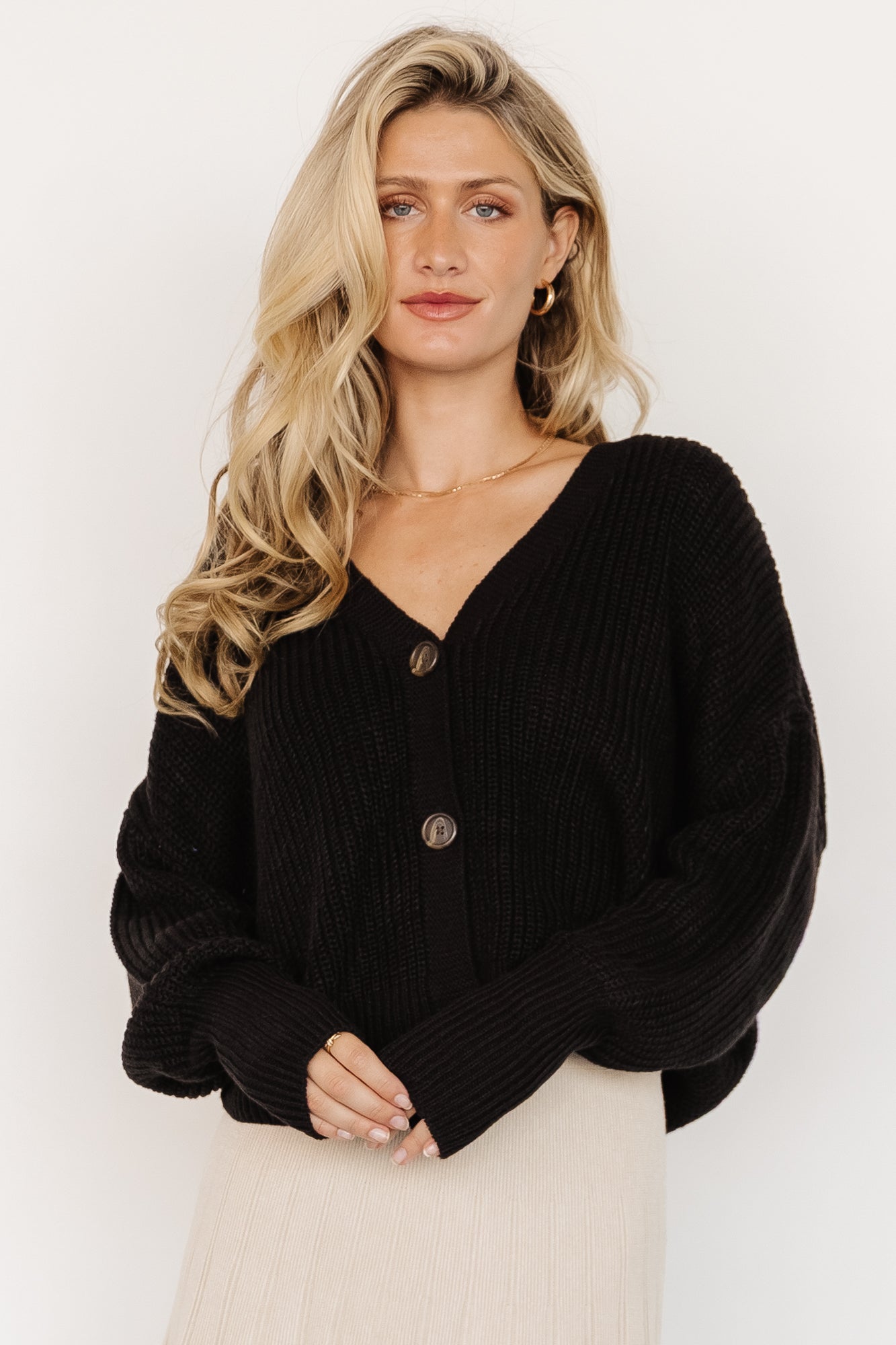 Soft Knit Cardigan with V-Neck & Dropped Shoulder | Gracie Black