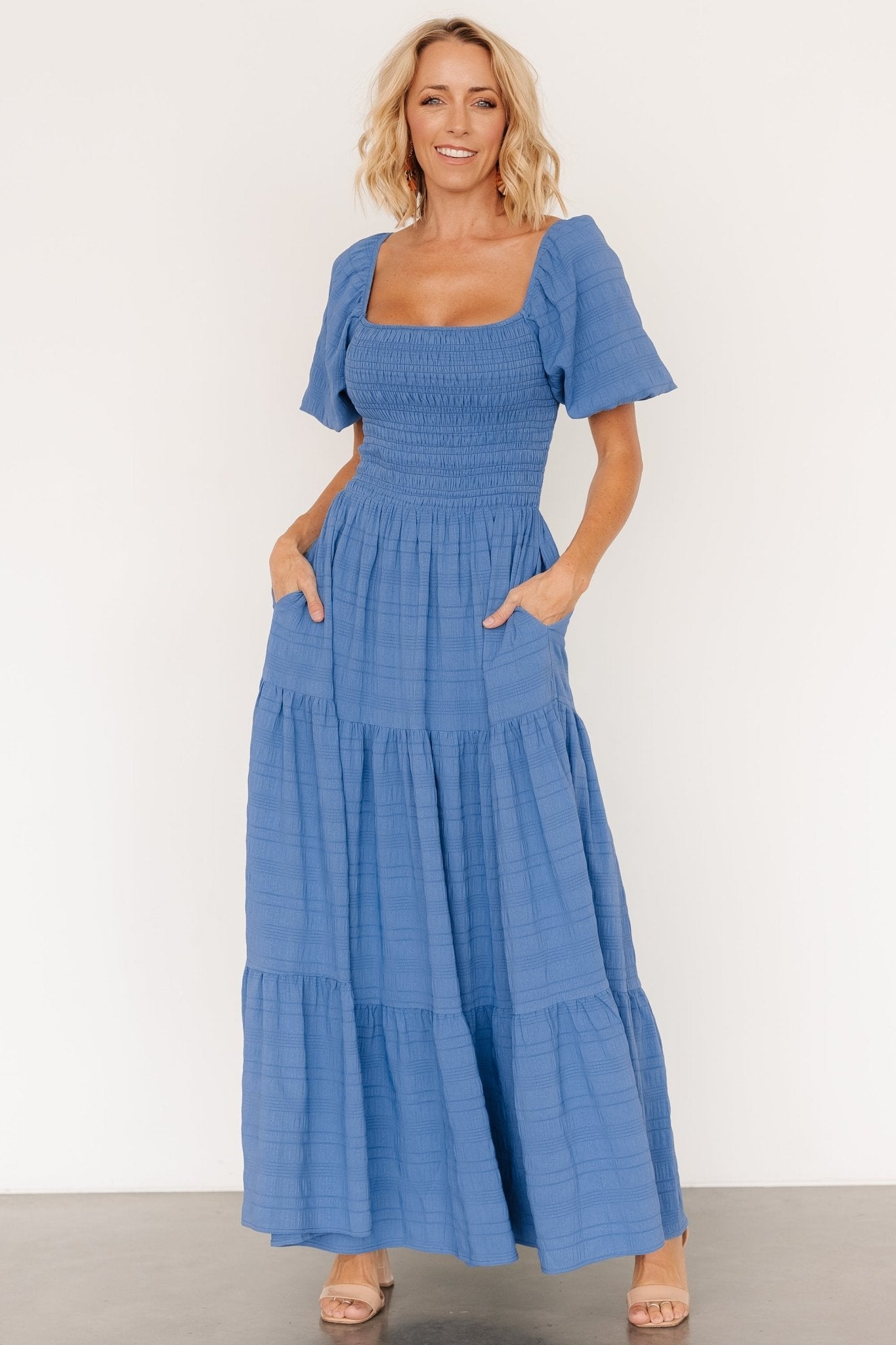 Blue Smocked Maxi Dress with Square Neckline | Amaya