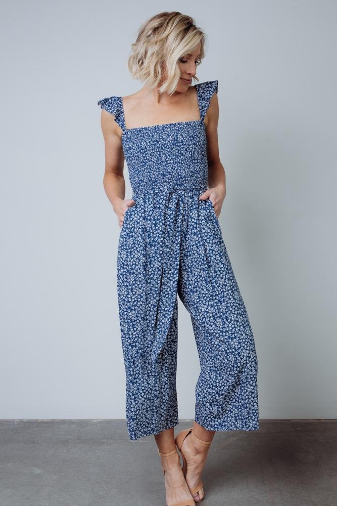 Smocked Jumpsuit with Pockets & Flutter Sleeves | Hadley Navy