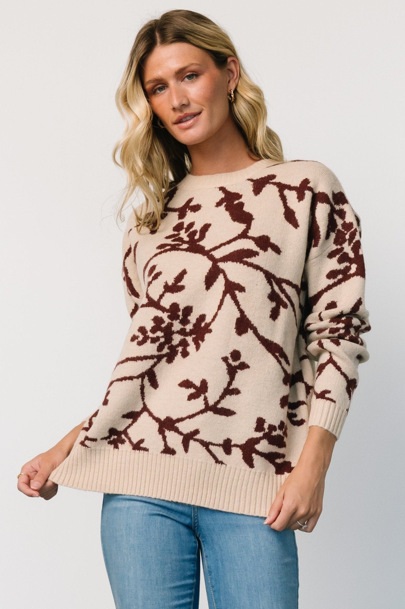 Oversized Beige Sweater with Merlot Floral Print | Hallstatt