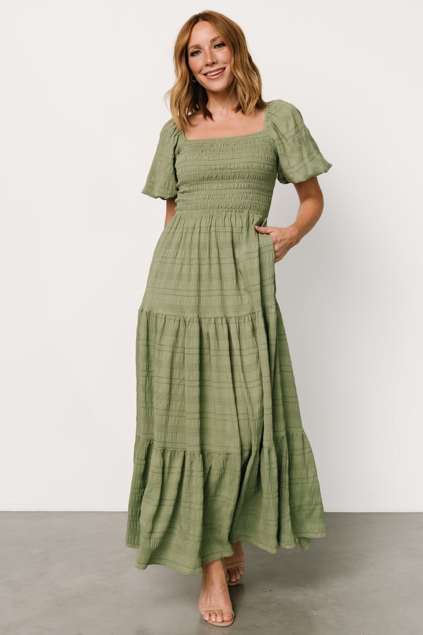 Green Smocked Maxi Dress with Square Neck & Balloon Sleeves | Amaya