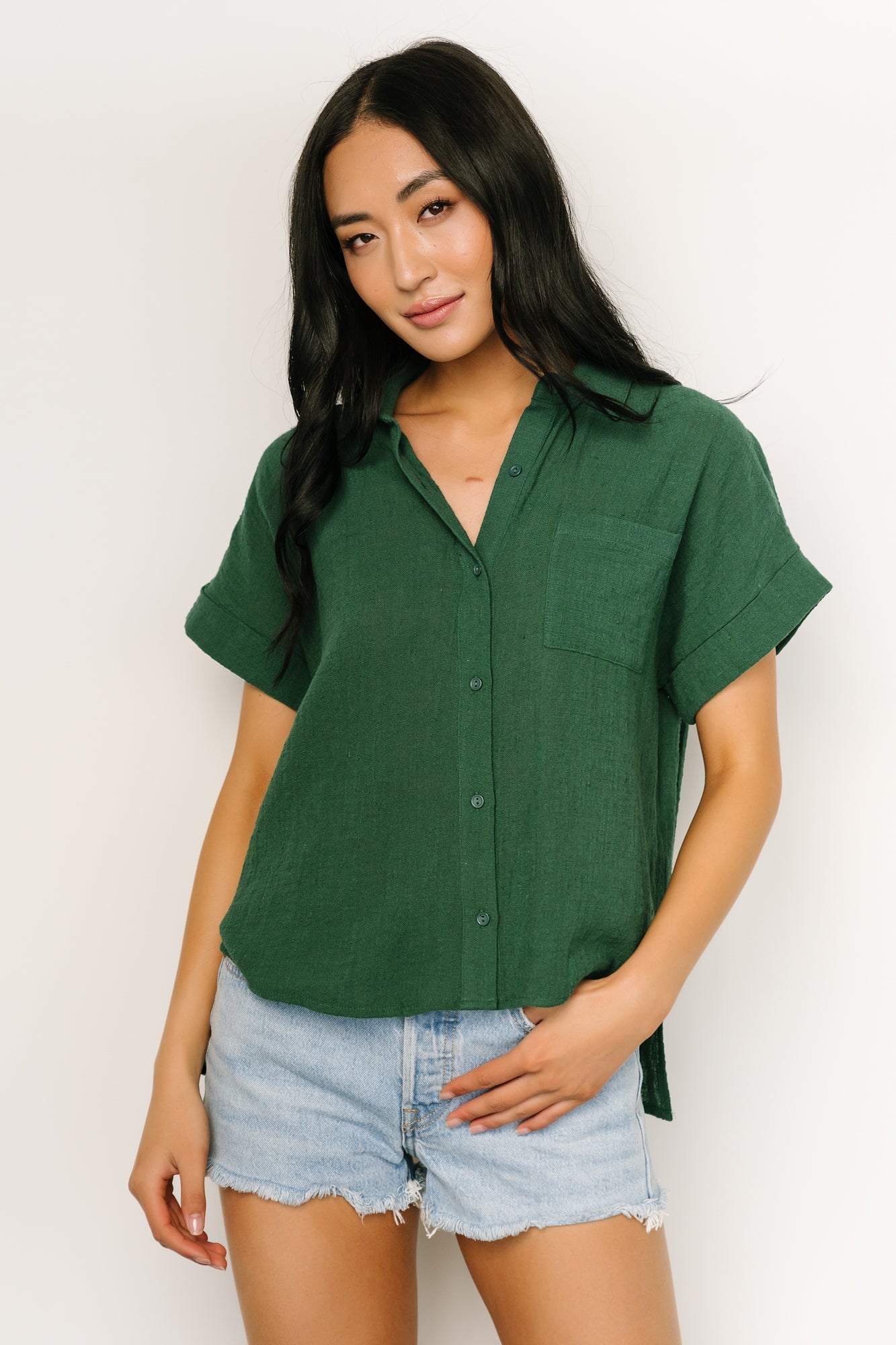 Textured Cotton Short Sleeve Button-Up Top | Dark Green | Baltic Born