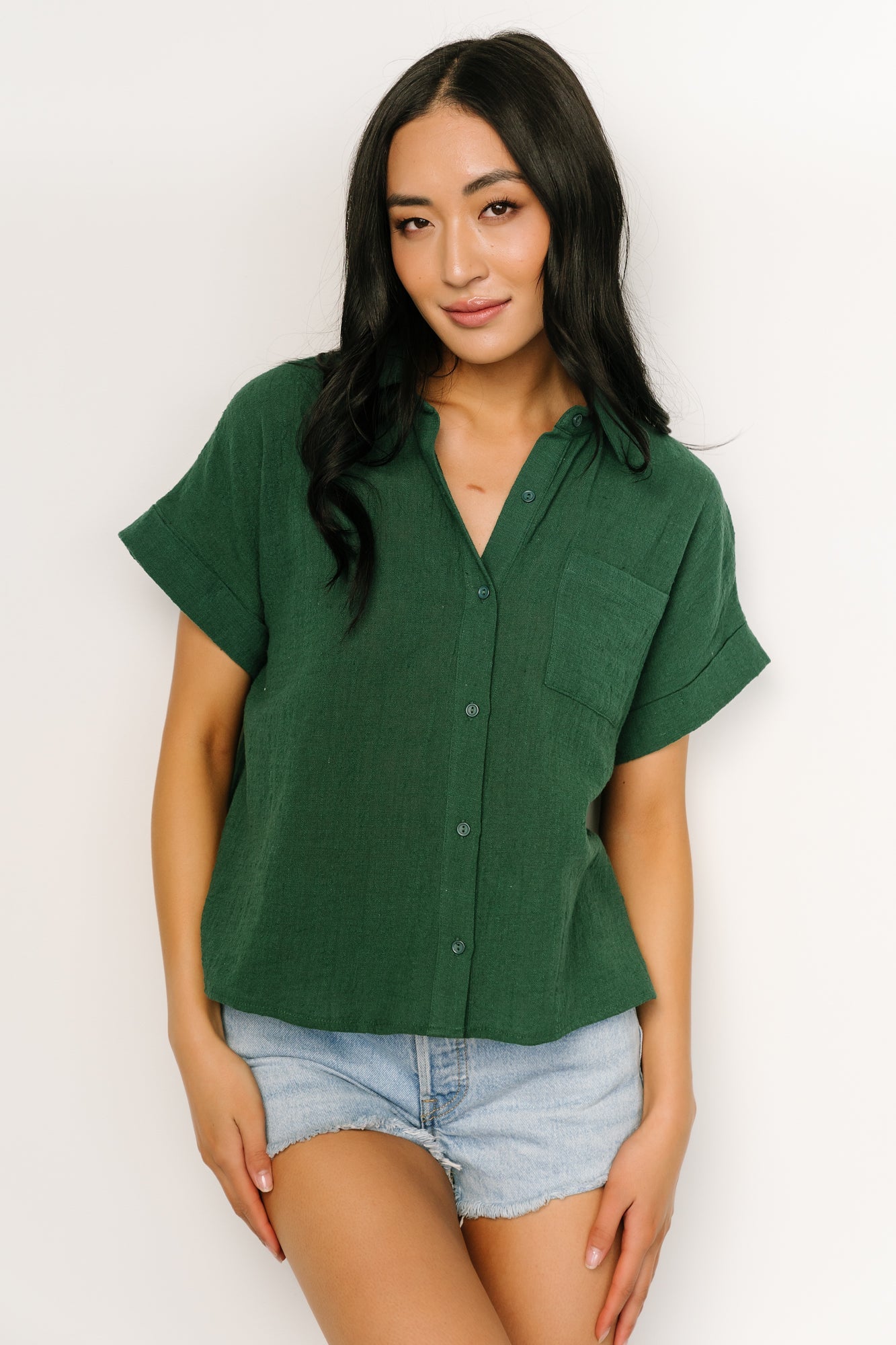 Textured Cotton Short Sleeve Button-Up Top | Dark Green | Baltic Born ...