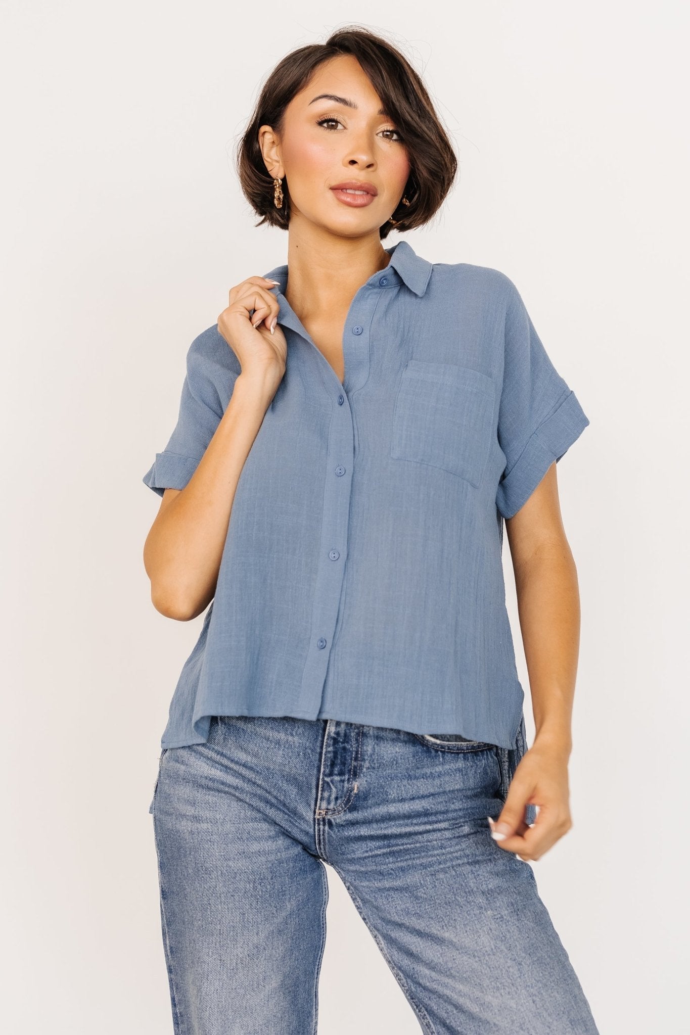Slate Blue Cotton Short Sleeve Button-Up Shirt | Hammond