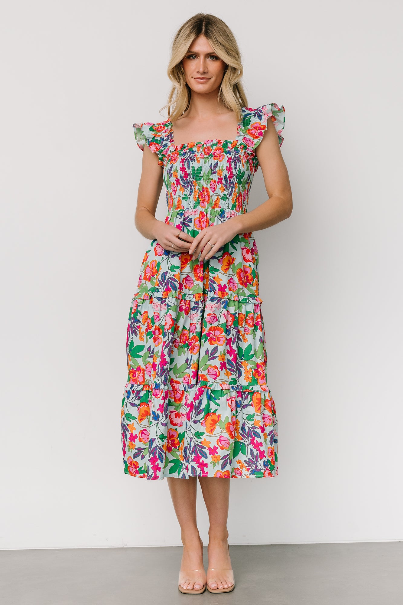 Floral Smocked Midi Dress with Pockets | Harper Blue Cotton