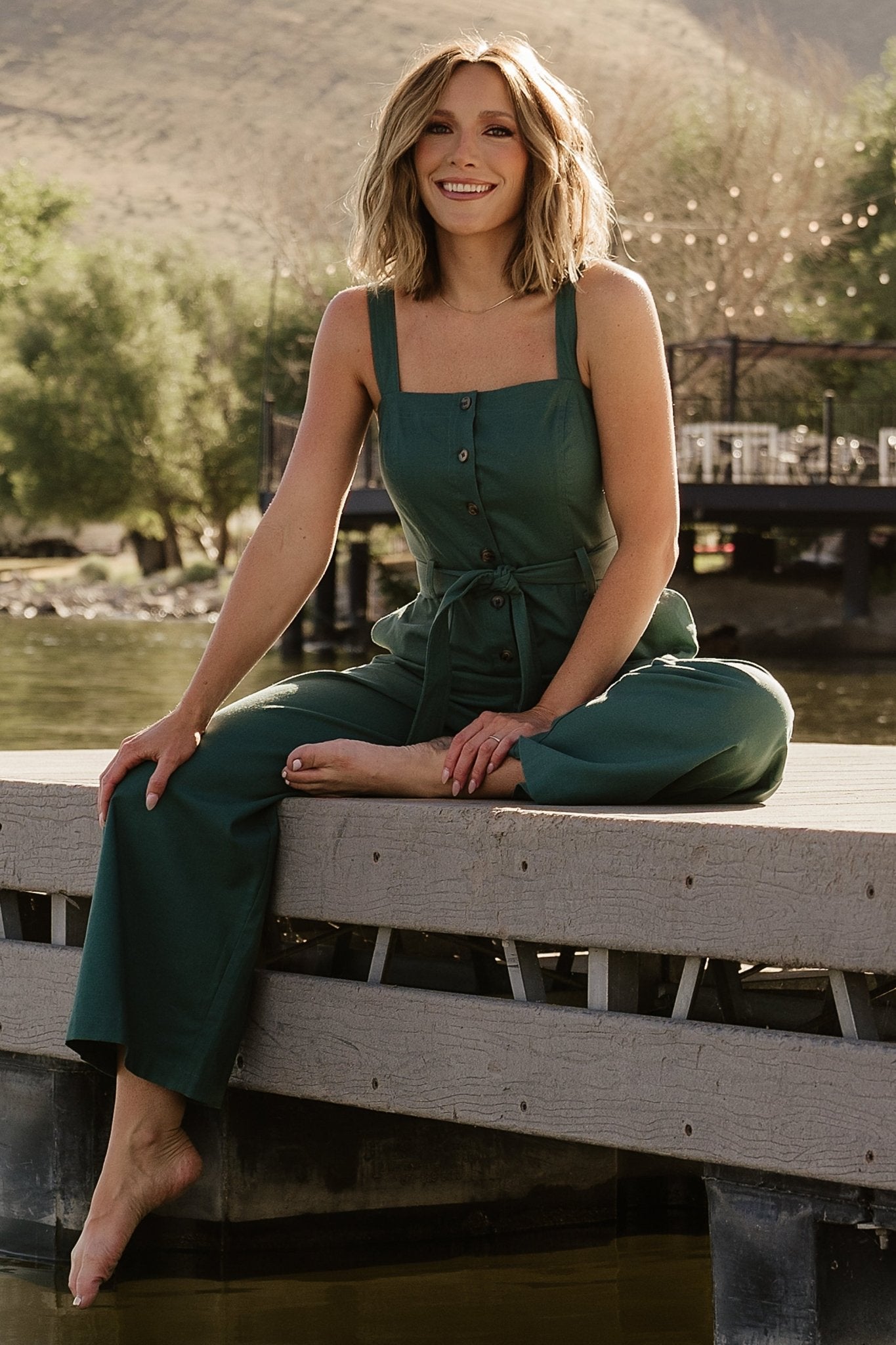 Women's Green Linen Jumpsuit with Hidden Pockets | Hartford