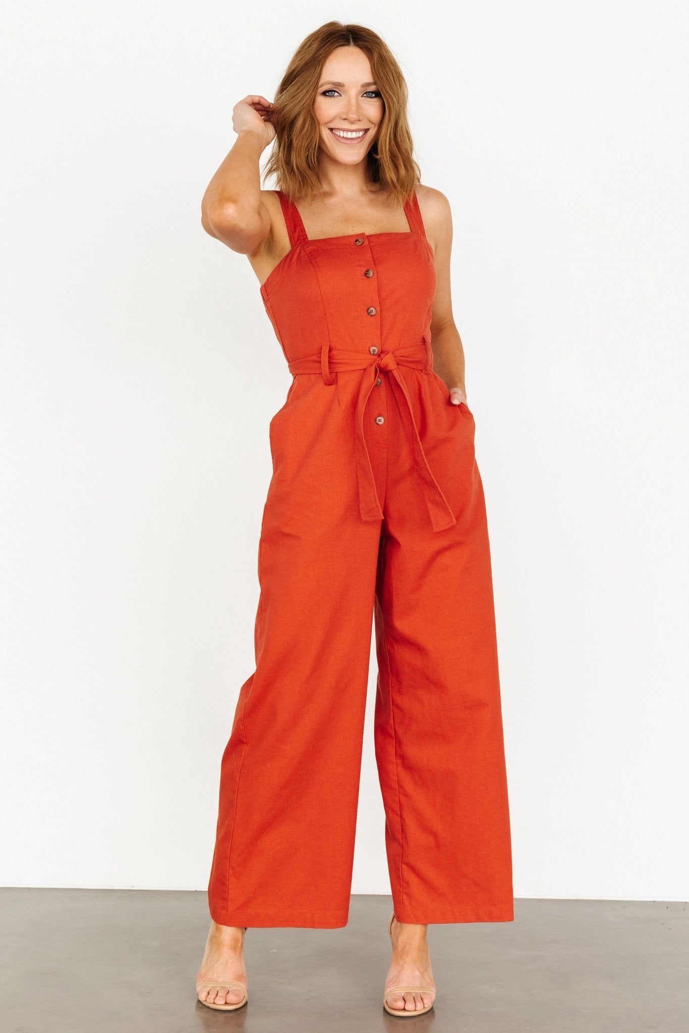 Linen Blend Jumpsuit with Removable Belt | Rust Color | Hartford