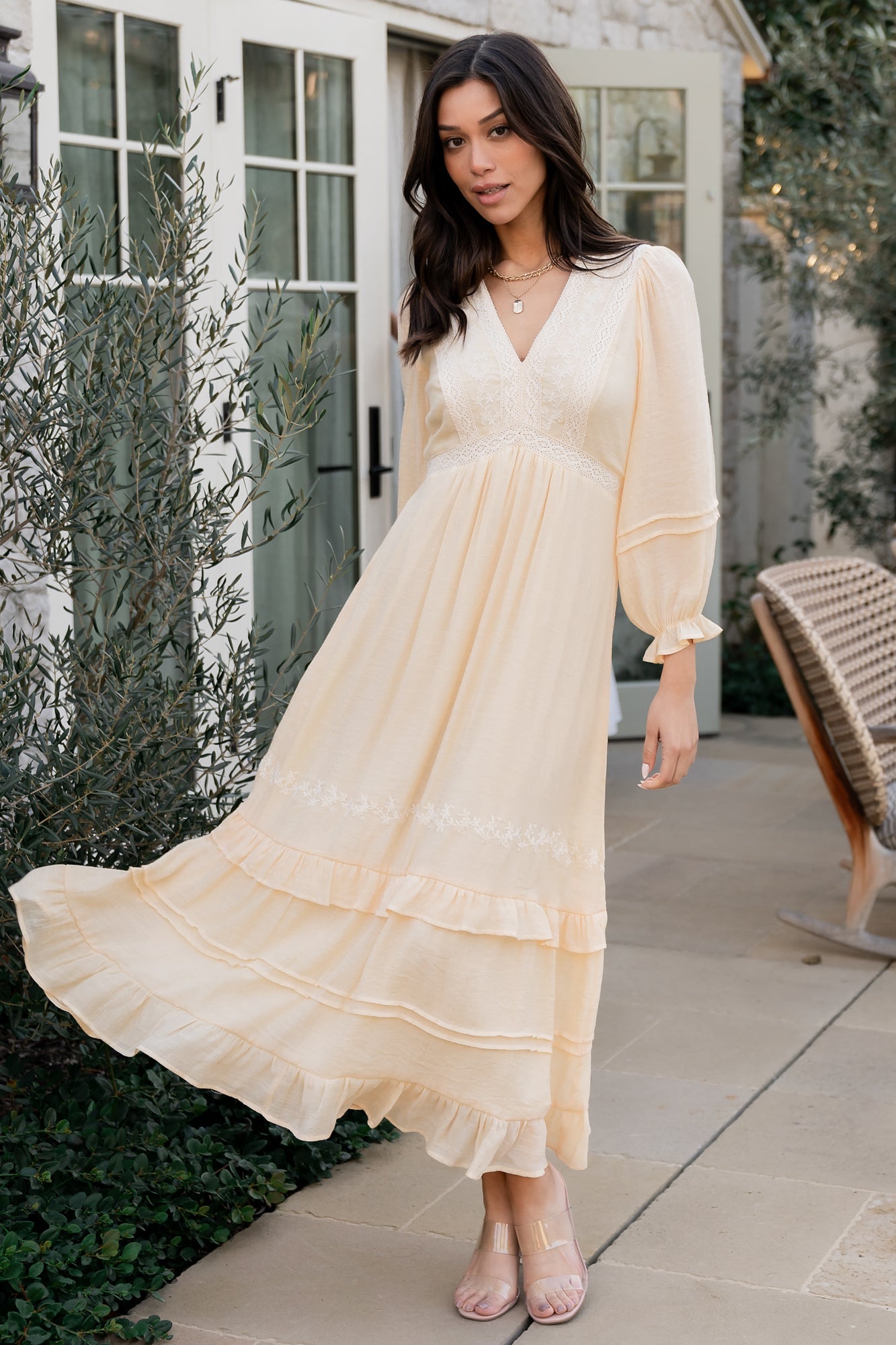 Embroidered Cream Dress with Deep V-Neck & Ruffled Sleeves | Amberlee