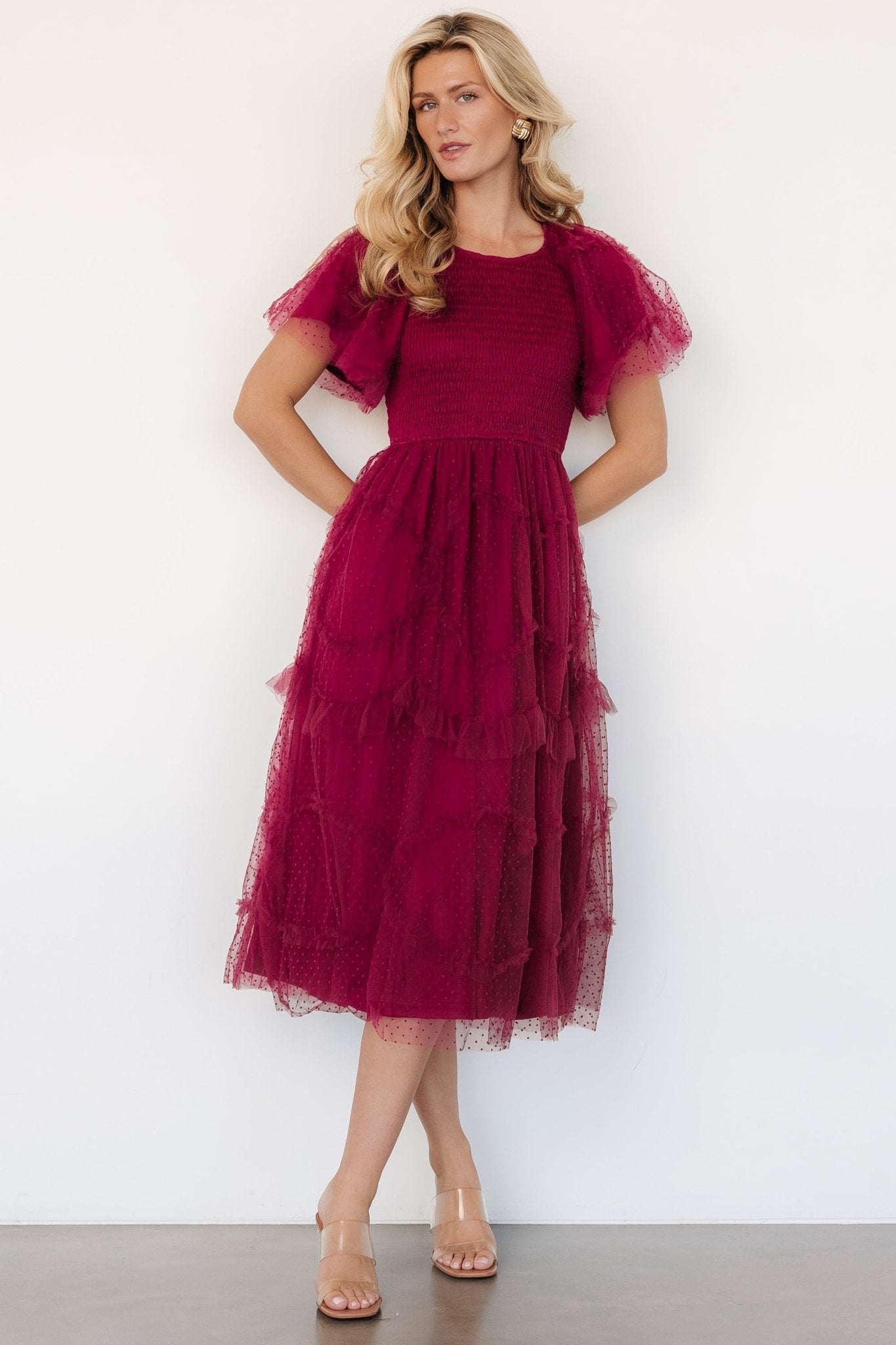 Burgundy Swiss-Dot Tulle Midi Dress with Smocked Bodice | Ambrose