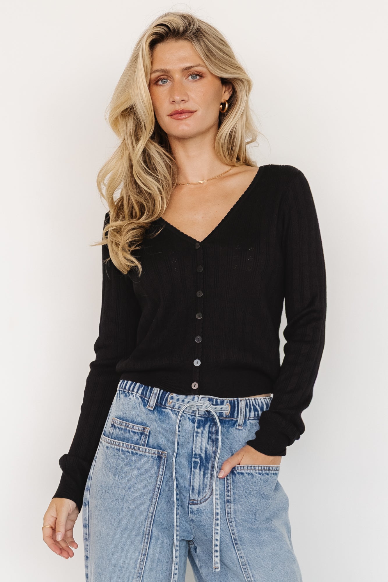 Black Pointelle Knit Cardigan with Scalloped V-Neck | Heidi