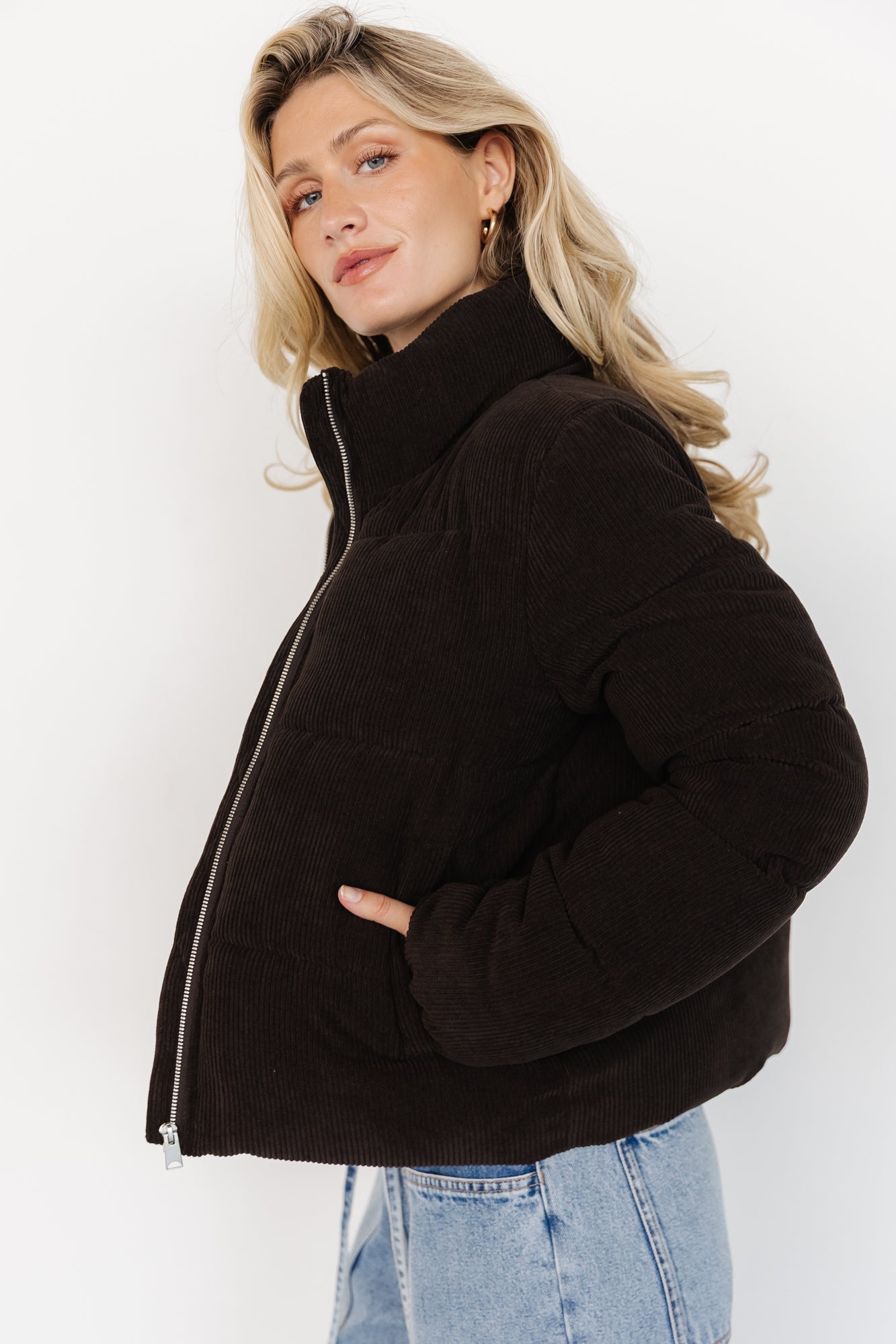 Corduroy Puffer Jacket with Drawstring Waist | Dark Brown | Holden