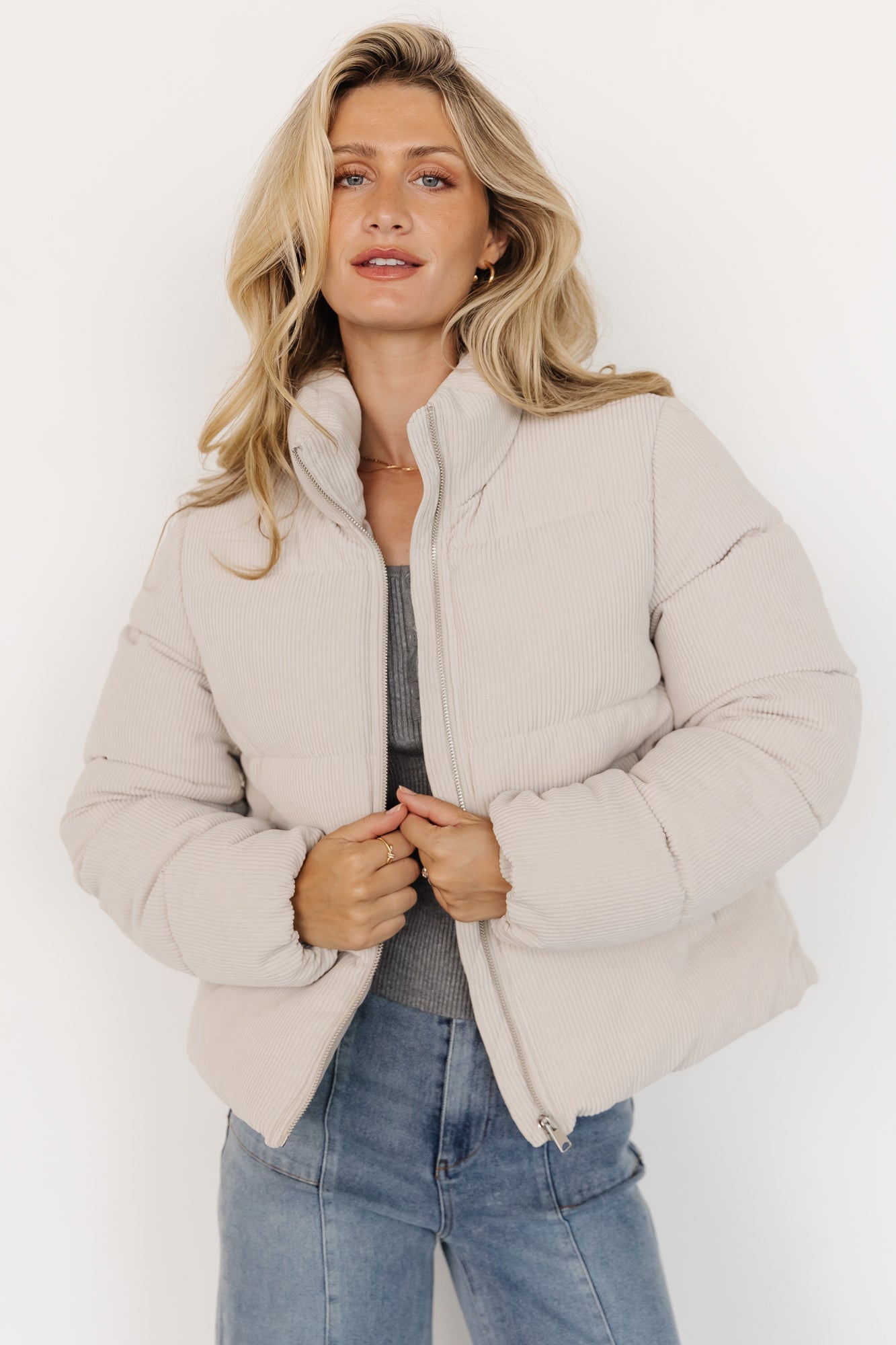 Corduroy Puffer Jacket for Women | Light Greige & Cropped Fit | Holden