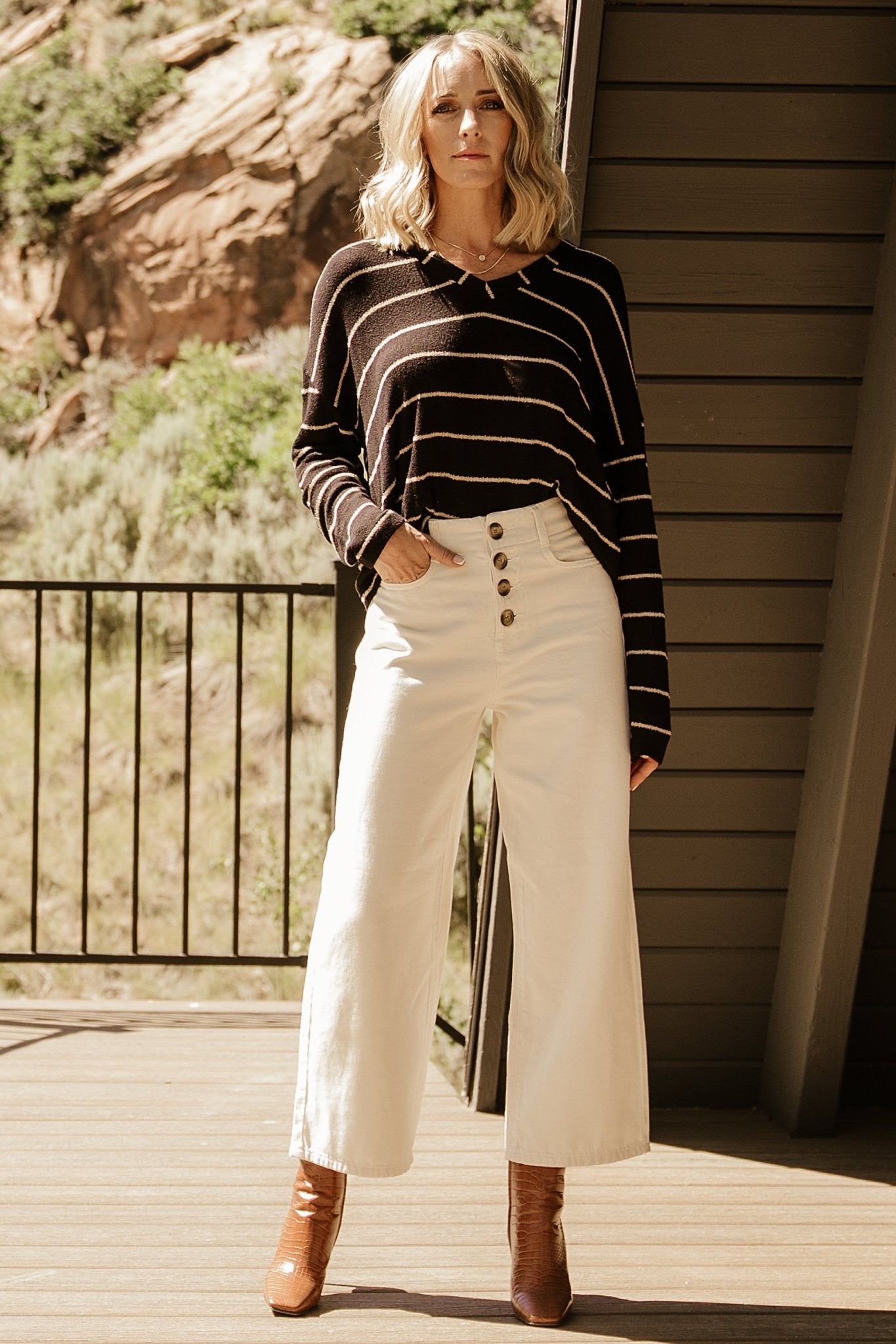 Relaxed V-Neck Sweater Top | Soft Black & Oatmeal Stripes | Baltic Born