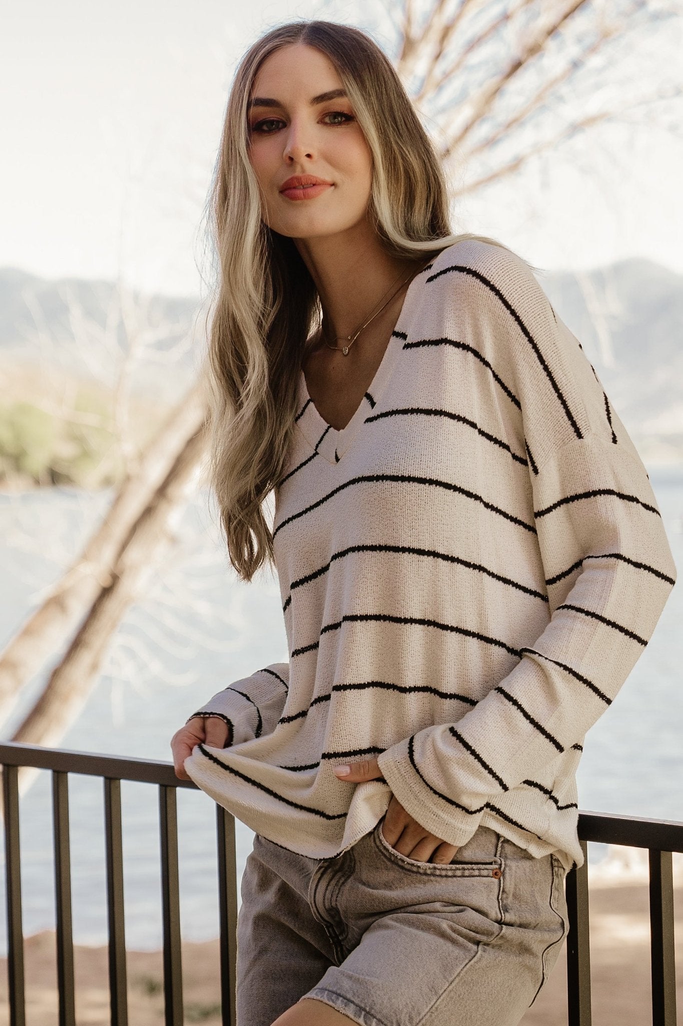 Relaxed V-Neck Sweater Top | Ivory & Black Stripes | Baltic Born