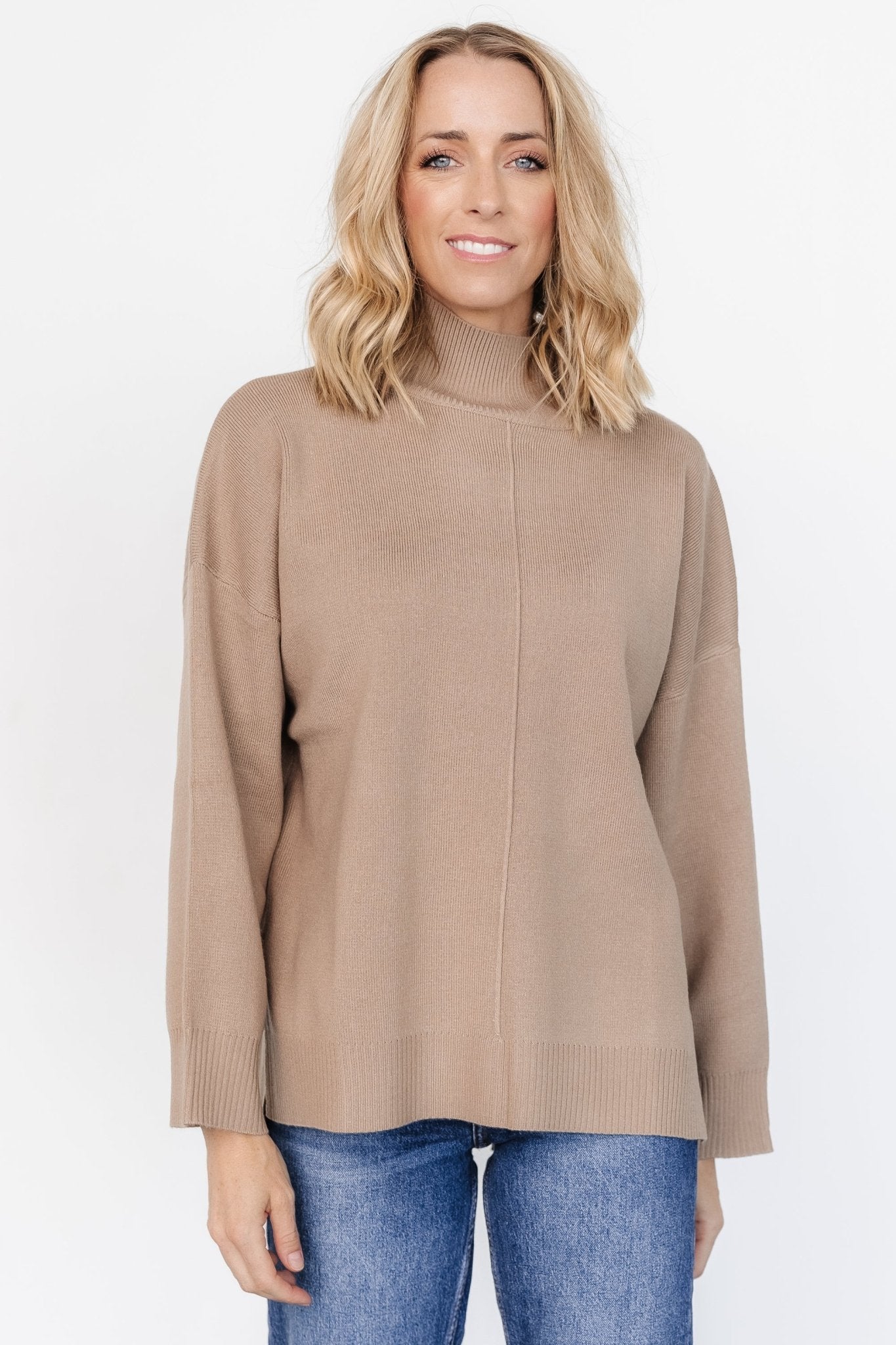 Cozy Mock Neck Sweater in Light Mocha | Soft Knit with Ribbed Details