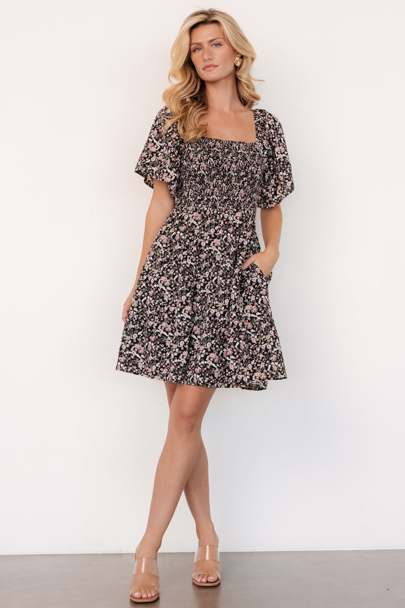 Black Floral Short Dress with Smocked Bodice & Pockets | Idera
