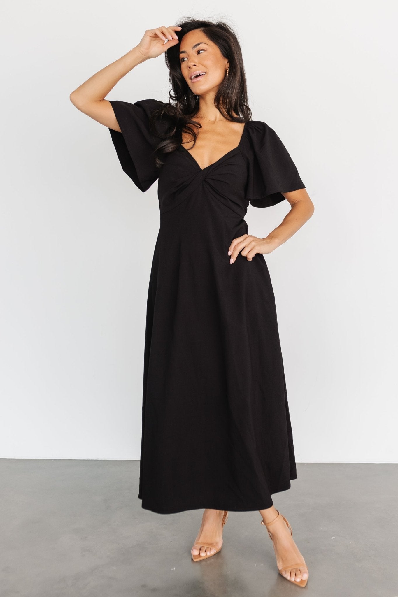 Black Back Tie Dress with Sweetheart Neckline & Butterfly Sleeves | Baltic Born