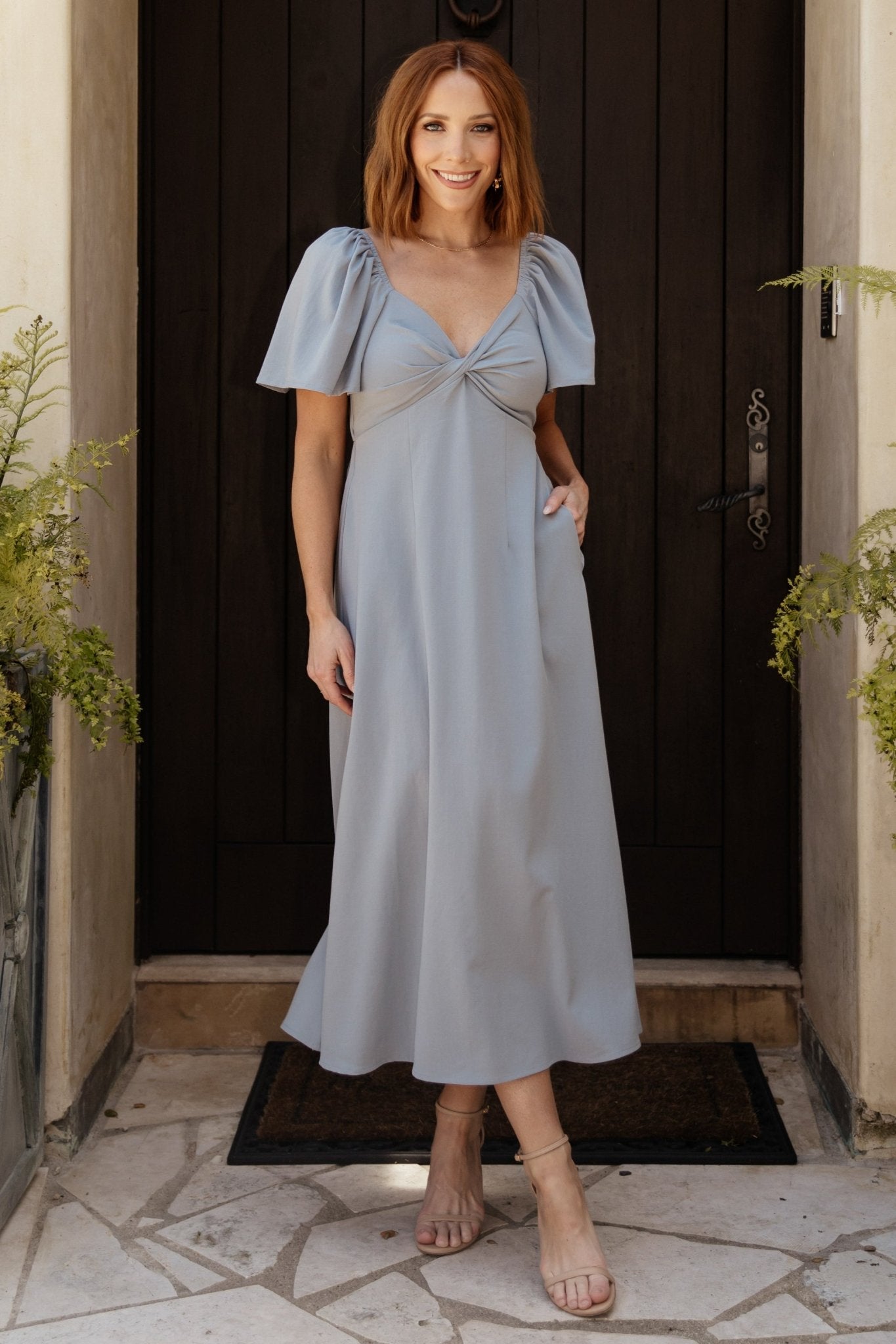 Dusty Blue Back Tie Dress with Pockets & Sweetheart Neckline | Baltic Born