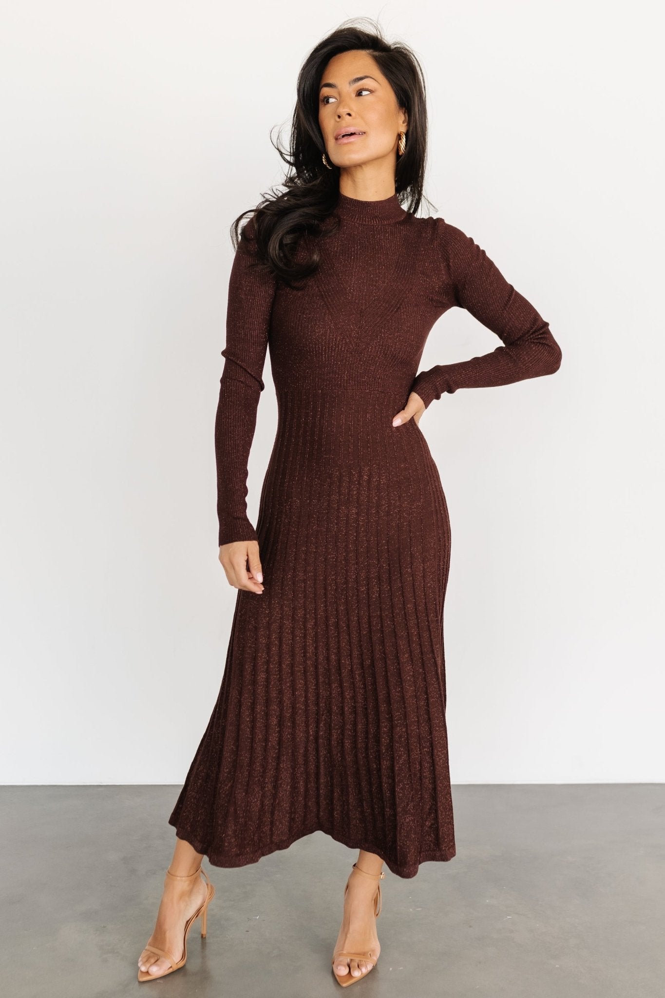 Brown Pleated Sweater Dress with Gold Accents | Jamelia