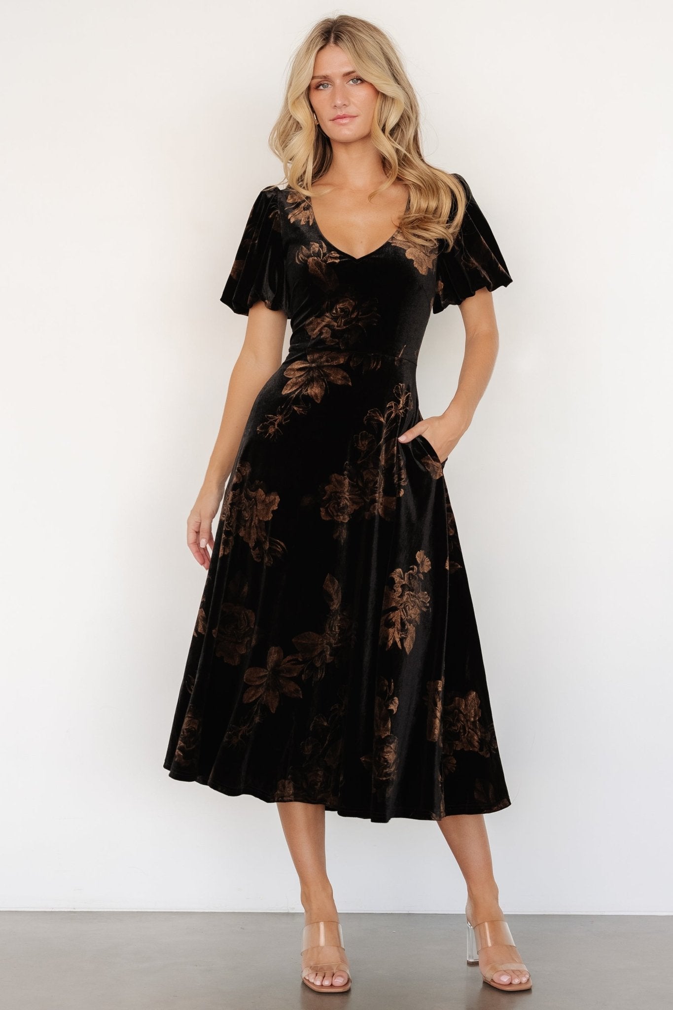 Velvet Midi Dress with Floral Pattern | V-Neck & Puff Sleeves | Janna