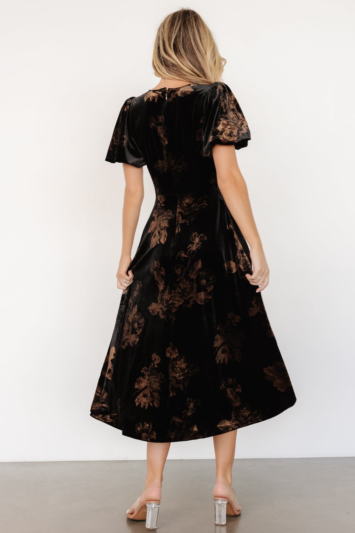Velvet Midi Dress with Floral Pattern | V-Neck & Puff Sleeves | Janna