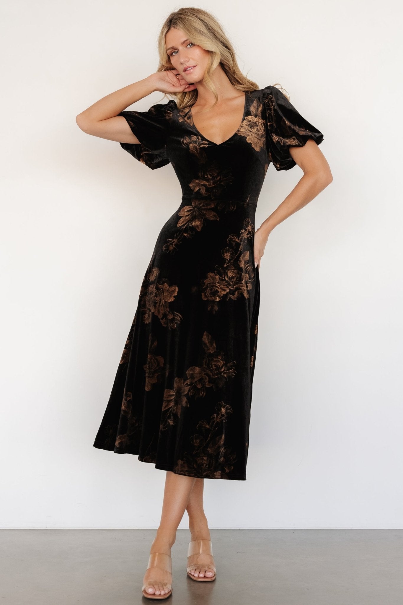 Velvet Midi Dress with Floral Pattern | V-Neck & Puff Sleeves | Janna