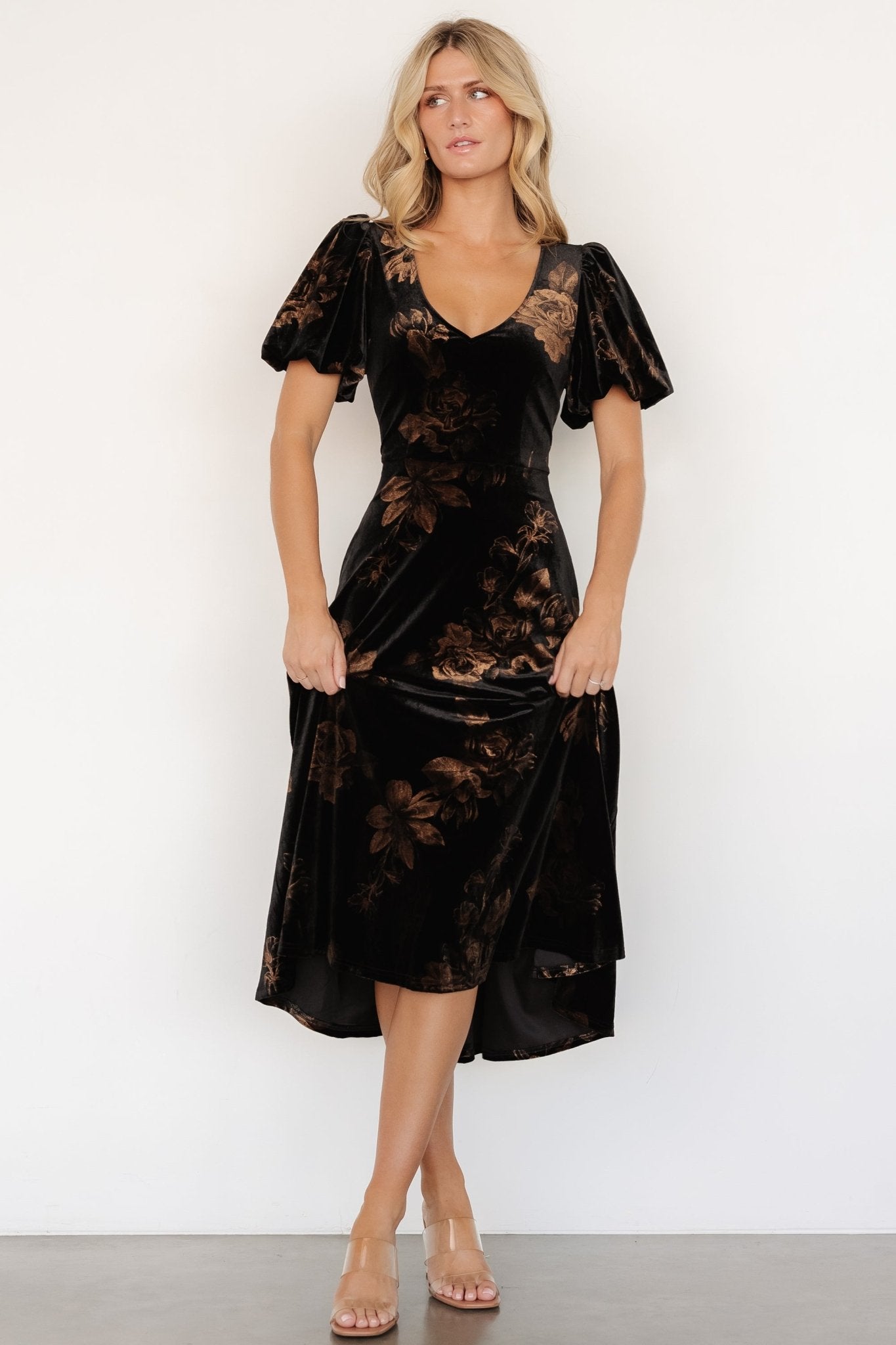 Velvet Midi Dress with Floral Pattern | V-Neck & Puff Sleeves | Janna