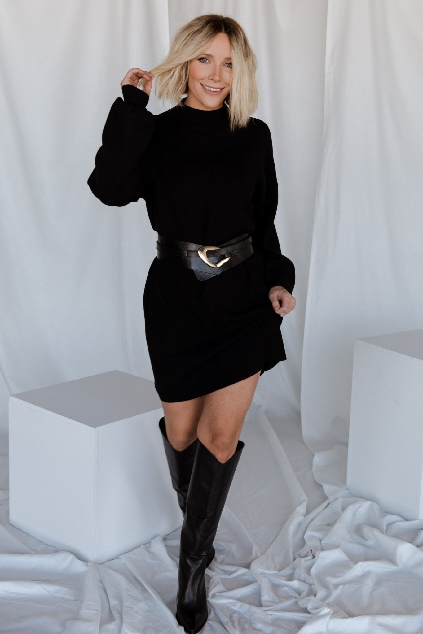 Black Knit Sweater Dress with Mock Neck & Bubble Sleeves | Jennings