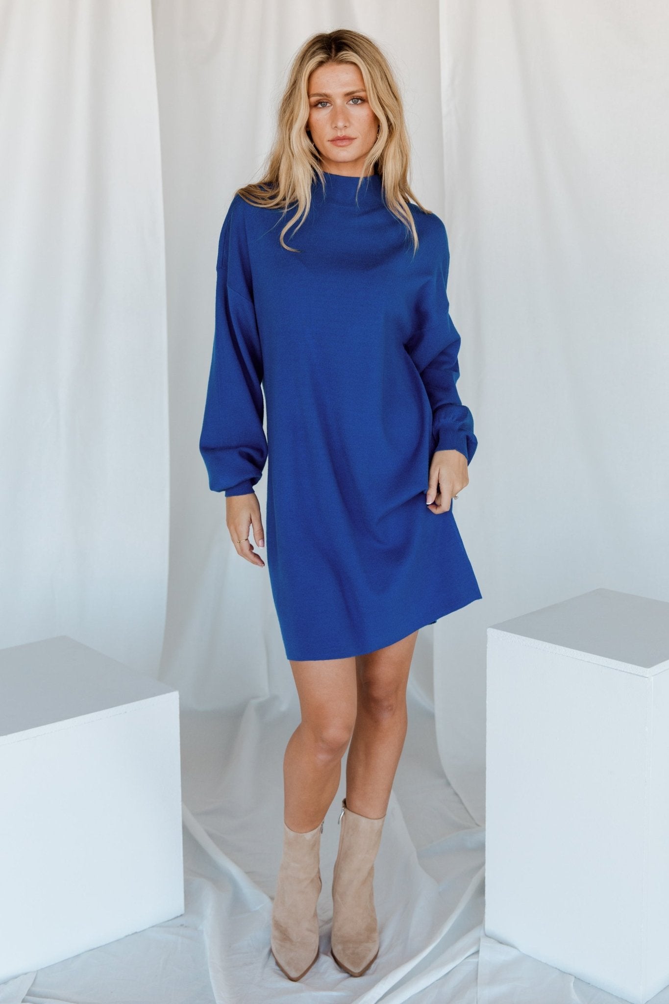 Cobalt Blue Knit Sweater Dress with Mock Neck & Bubble Sleeves | Jennings