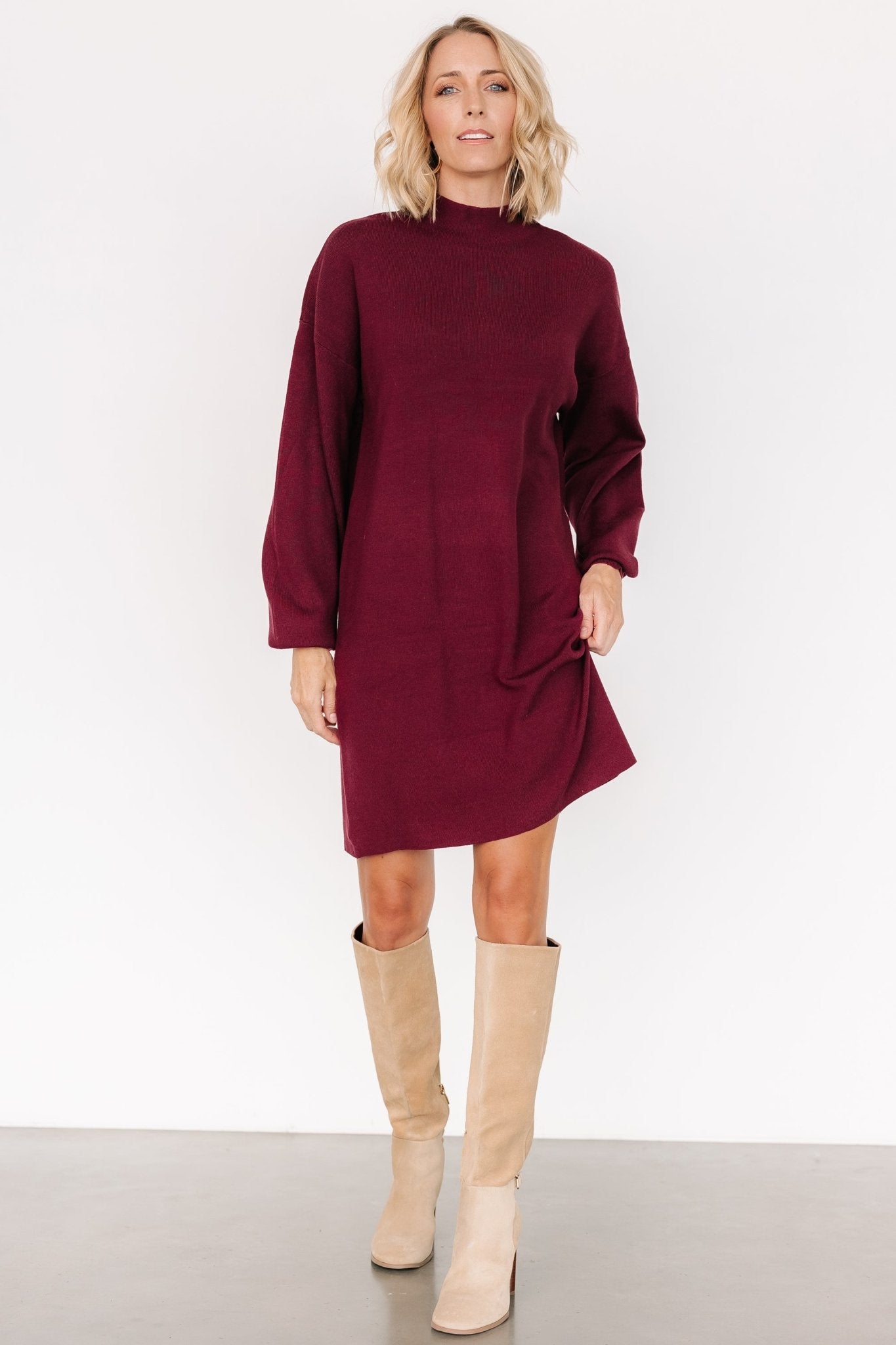 Mulberry Mock Neck Sweater Dress with Bubble Sleeves | Jennings