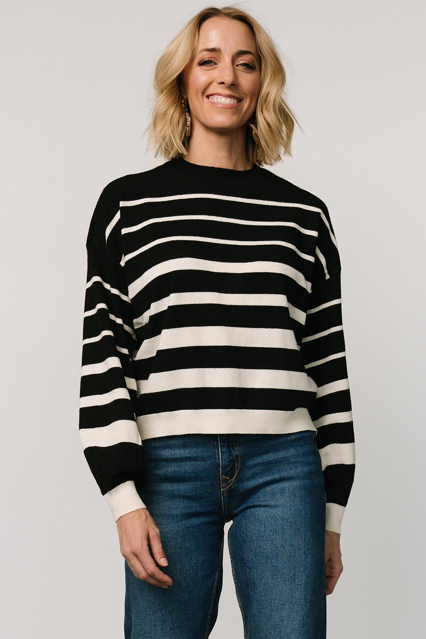 Black & Ivory Striped Sweater Top | Lightweight Knit with Puffed Sleeves | Jensen