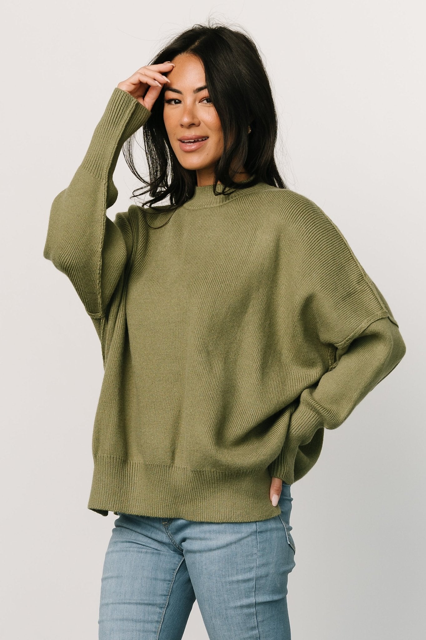 Olive Green Knit Sweater with Drop Shoulder | Baltic Born