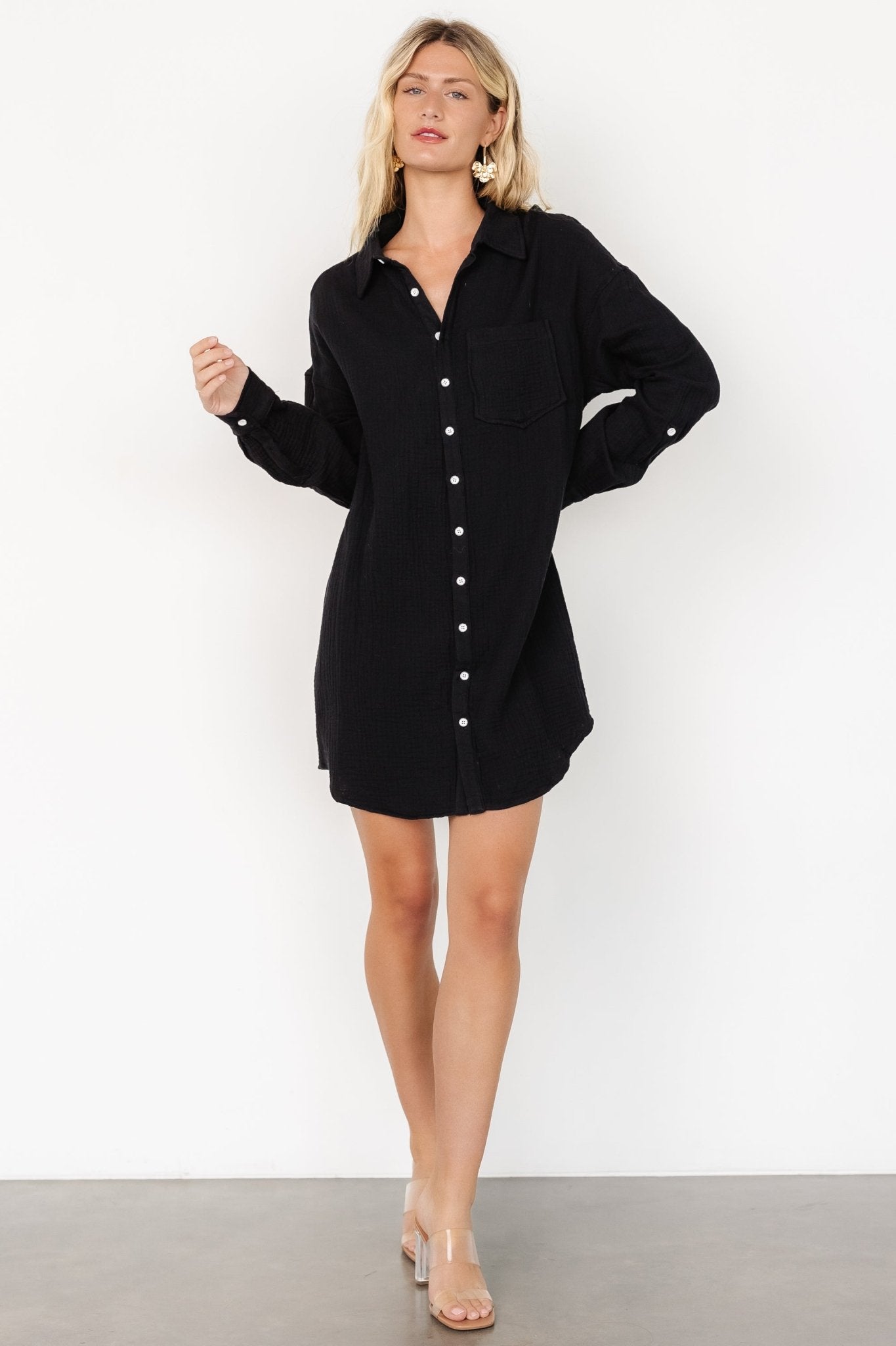 Oversized Black Button Shirt Dress with Asymmetrical Hem | Baltic Born
