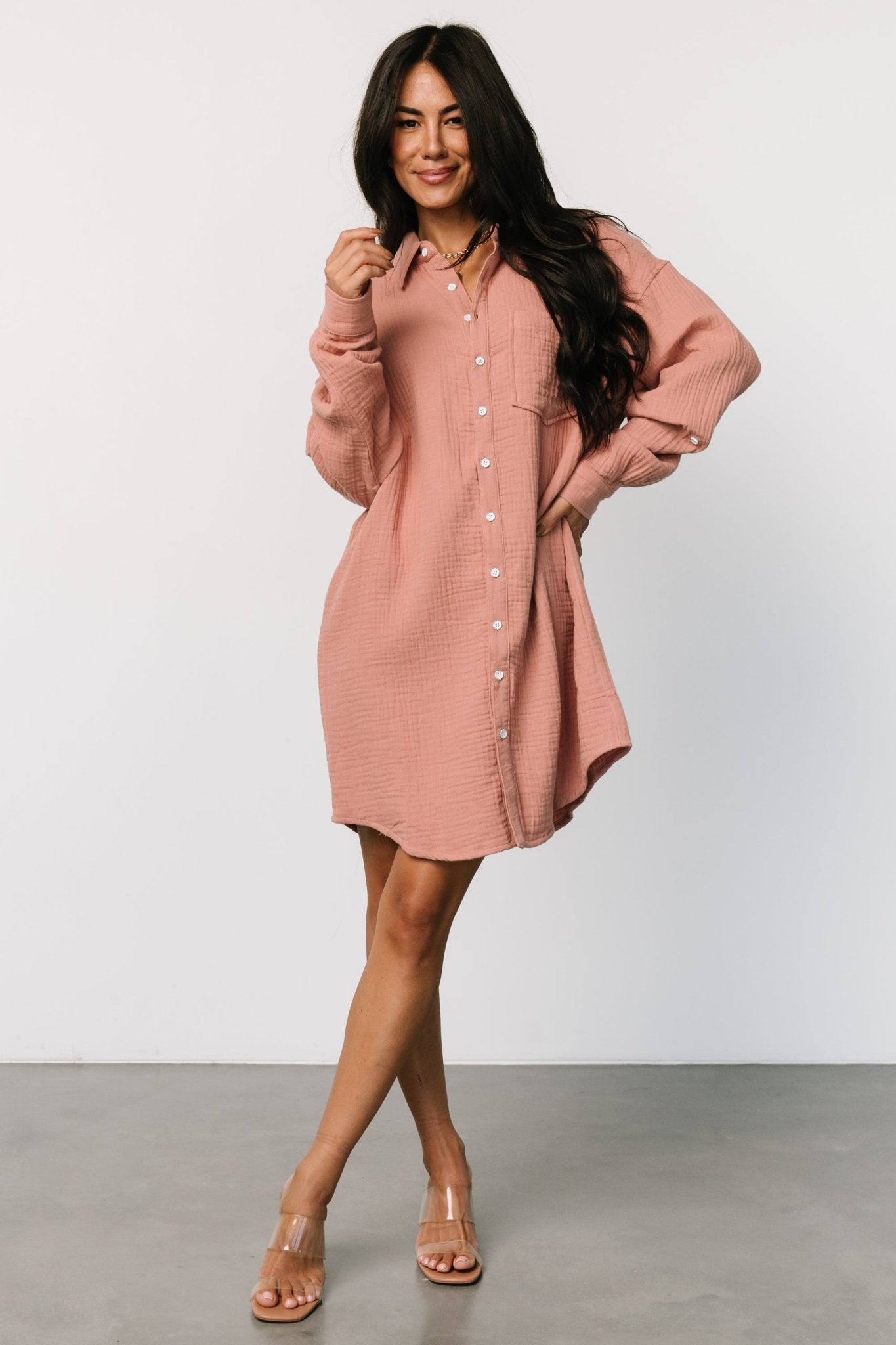Oversized Cotton Button Shirt Dress with Pocket | Dusty Rose
