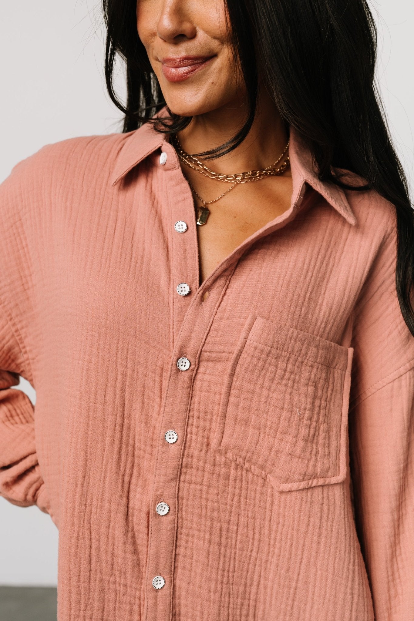 Oversized Cotton Button Shirt Dress with Pocket | Dusty Rose