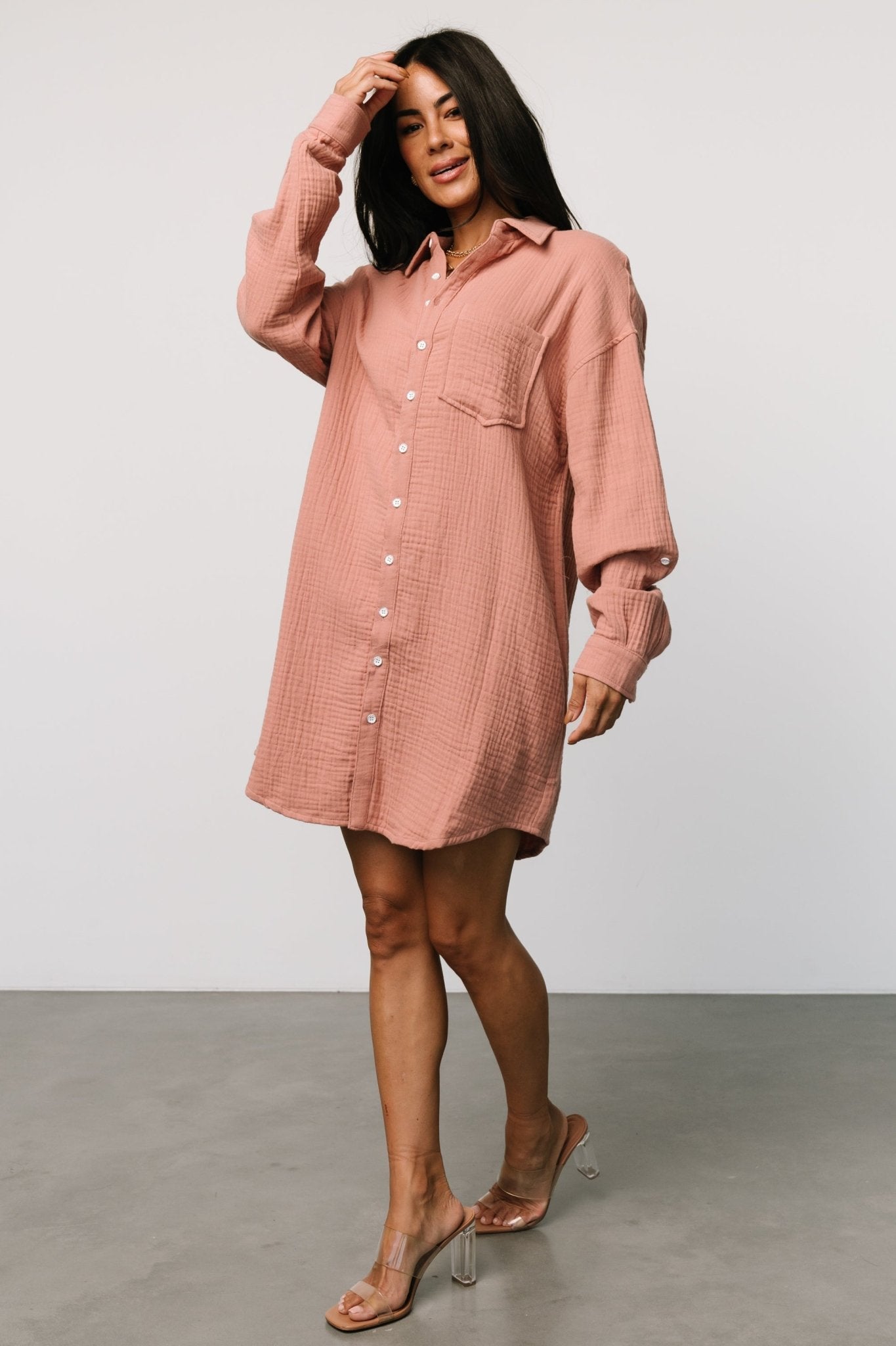 Oversized Cotton Button Shirt Dress with Pocket | Dusty Rose
