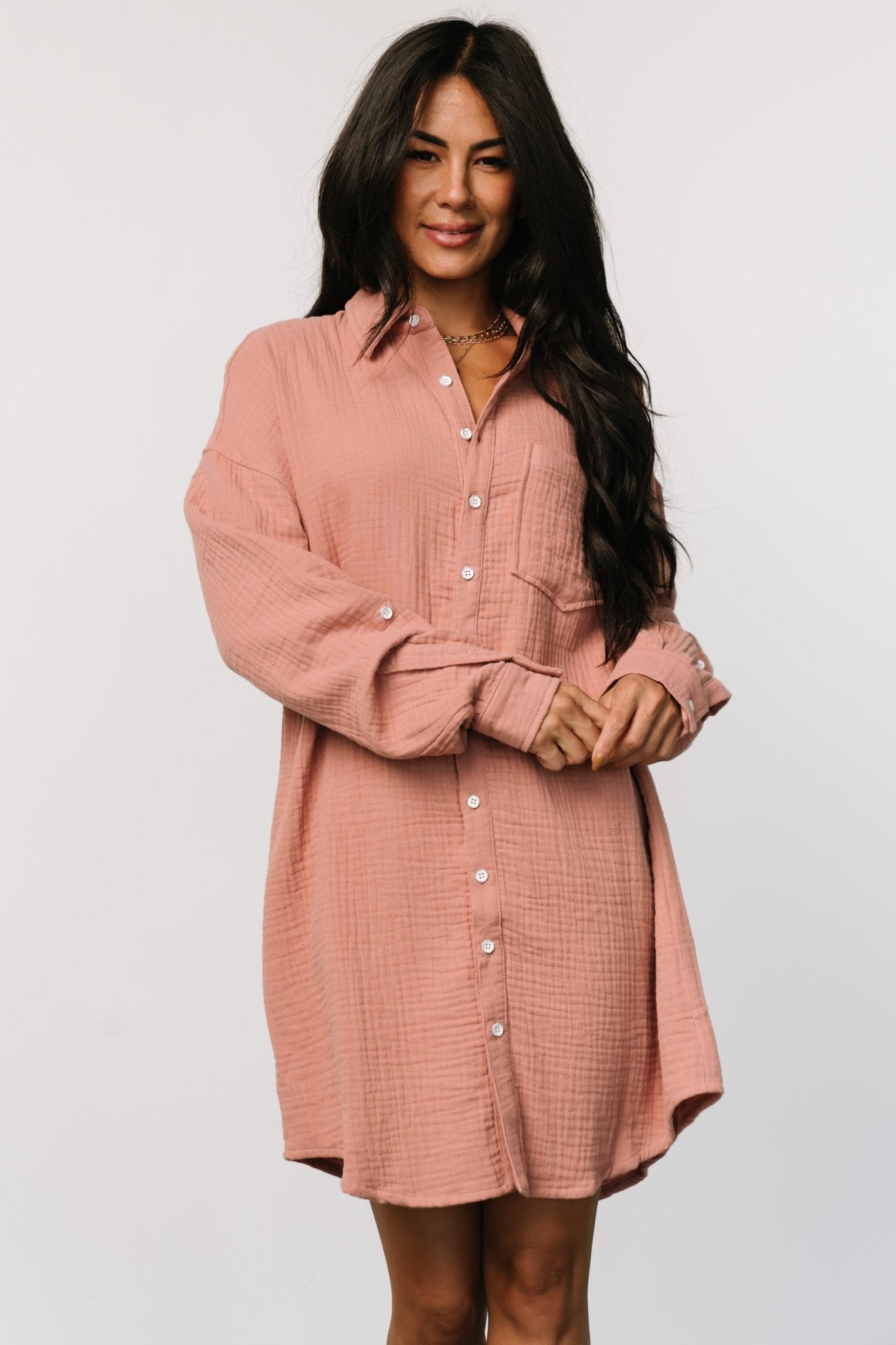 Oversized Cotton Button Shirt Dress with Pocket | Dusty Rose