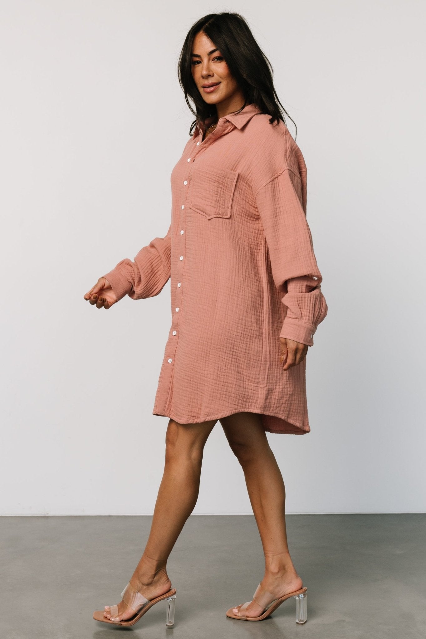 Oversized Cotton Button Shirt Dress with Pocket | Dusty Rose