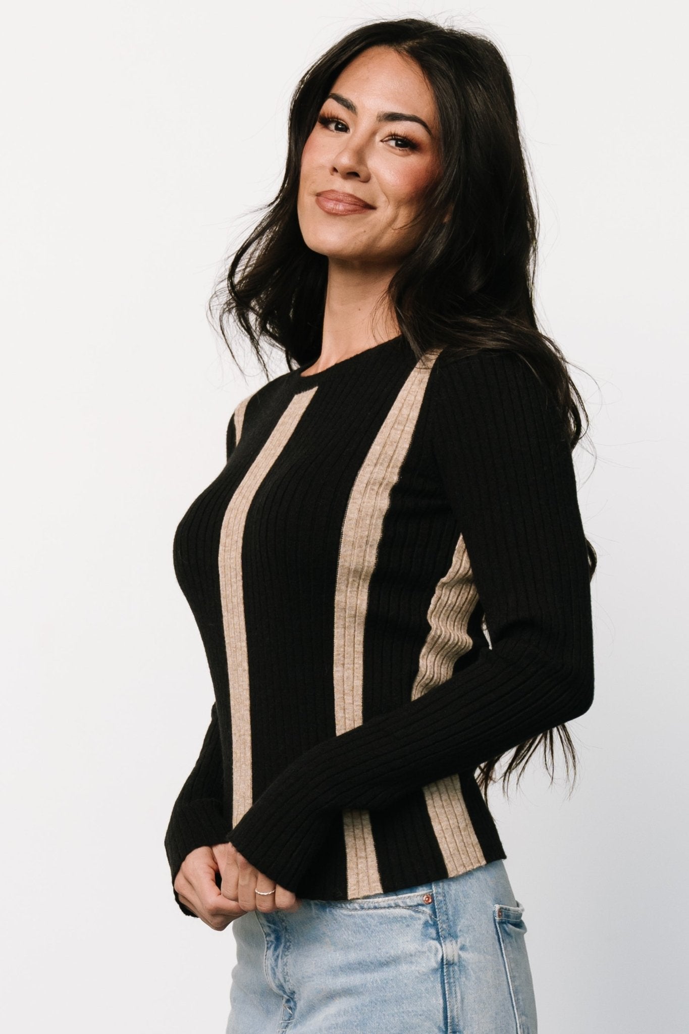 Ribbed Sweater Top for Women | Black & Tan Striped | Jolene