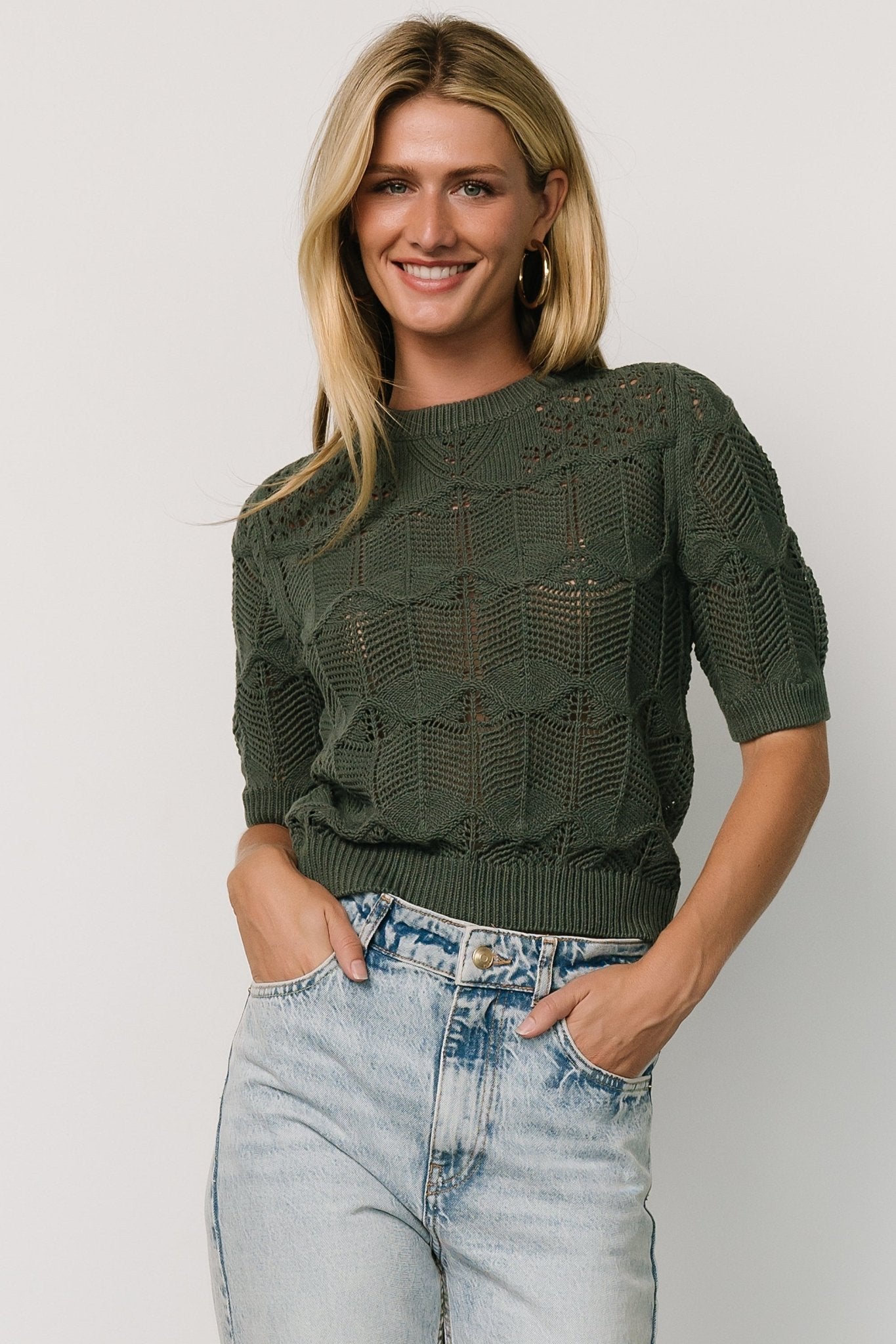 Winter Green Knit Top with Puffed Sleeves & Ribbed Details | Josella