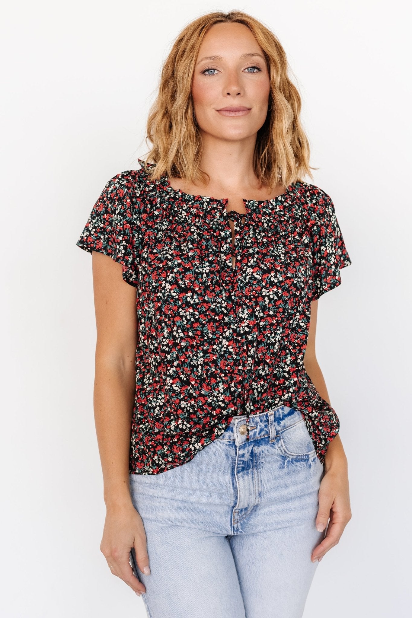 Boho Top with Smocked Neckline & Flutter Sleeves | Black + Red